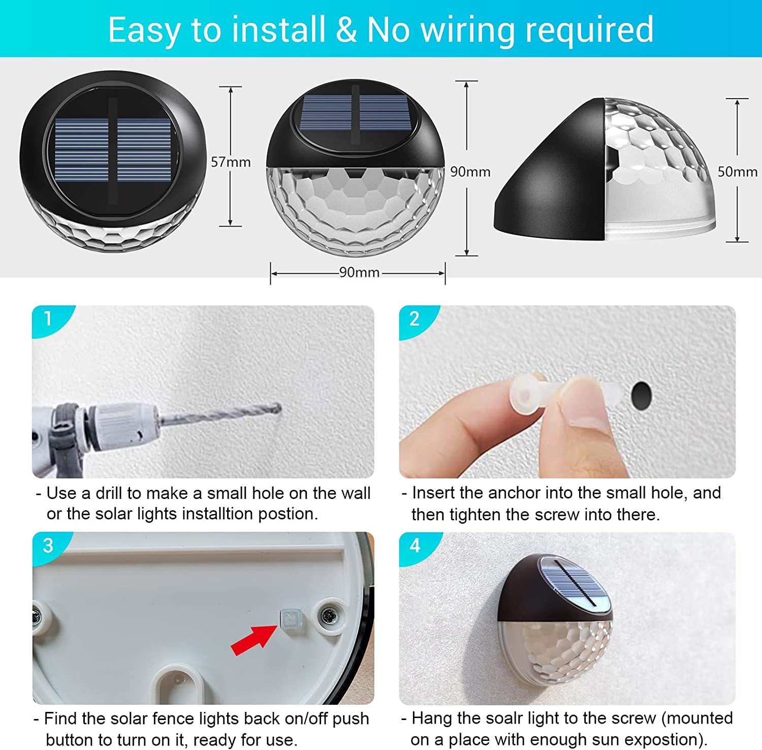 Set of 4 Solar Fence Lights - IP65 Waterproof, Automatically Turns On and Off, Emitting Warm White LED Light, Ideal for Illuminating Wall, Deck, Post, Patio, Yard, Stairway, Path, and Porch.