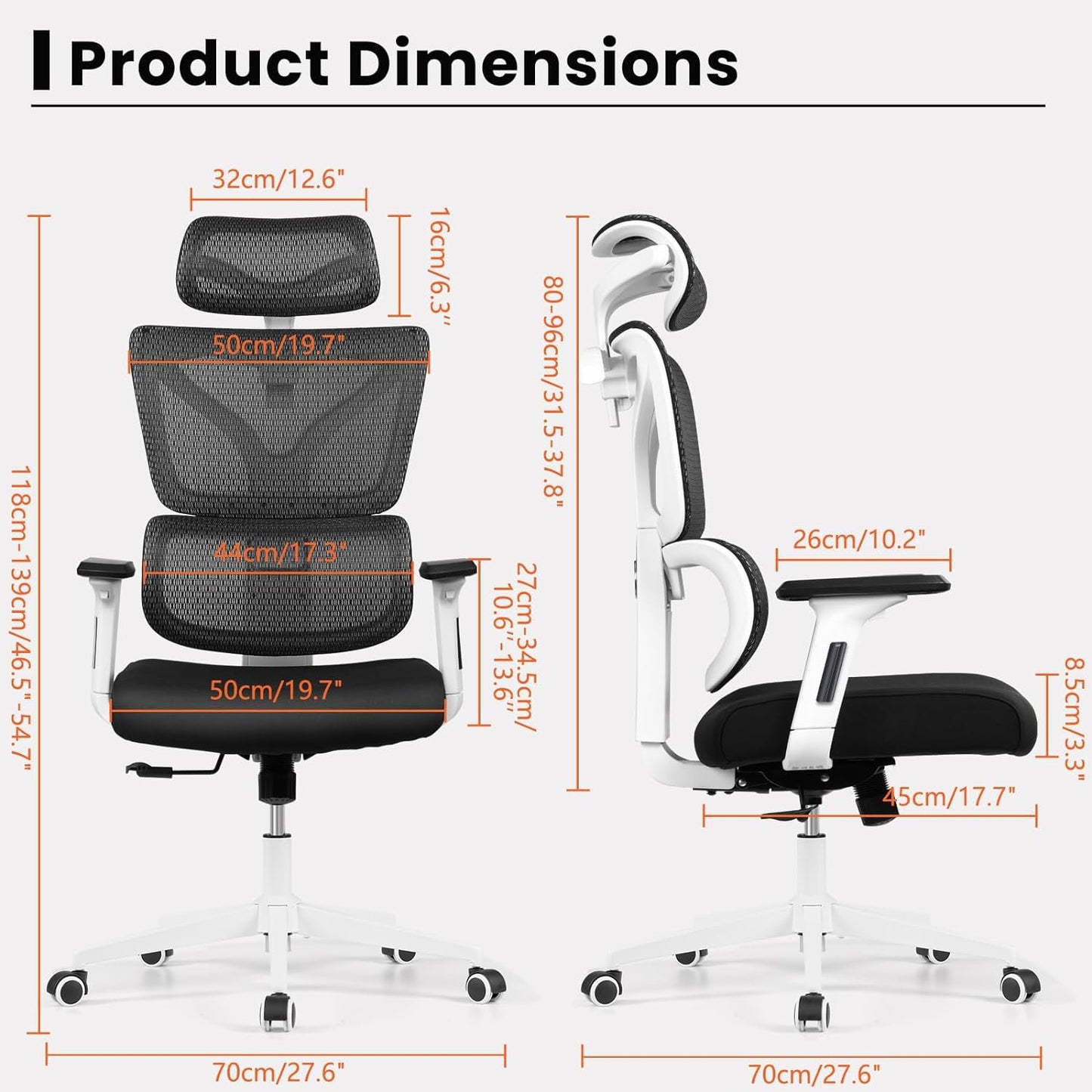 Ergonomic Office Chair with Upgraded Lumbar Support, Breathable Mesh, Adjustable 3D Arms, and Headrest - High Back Swivel Executive Chair for Computer Desk and Gaming