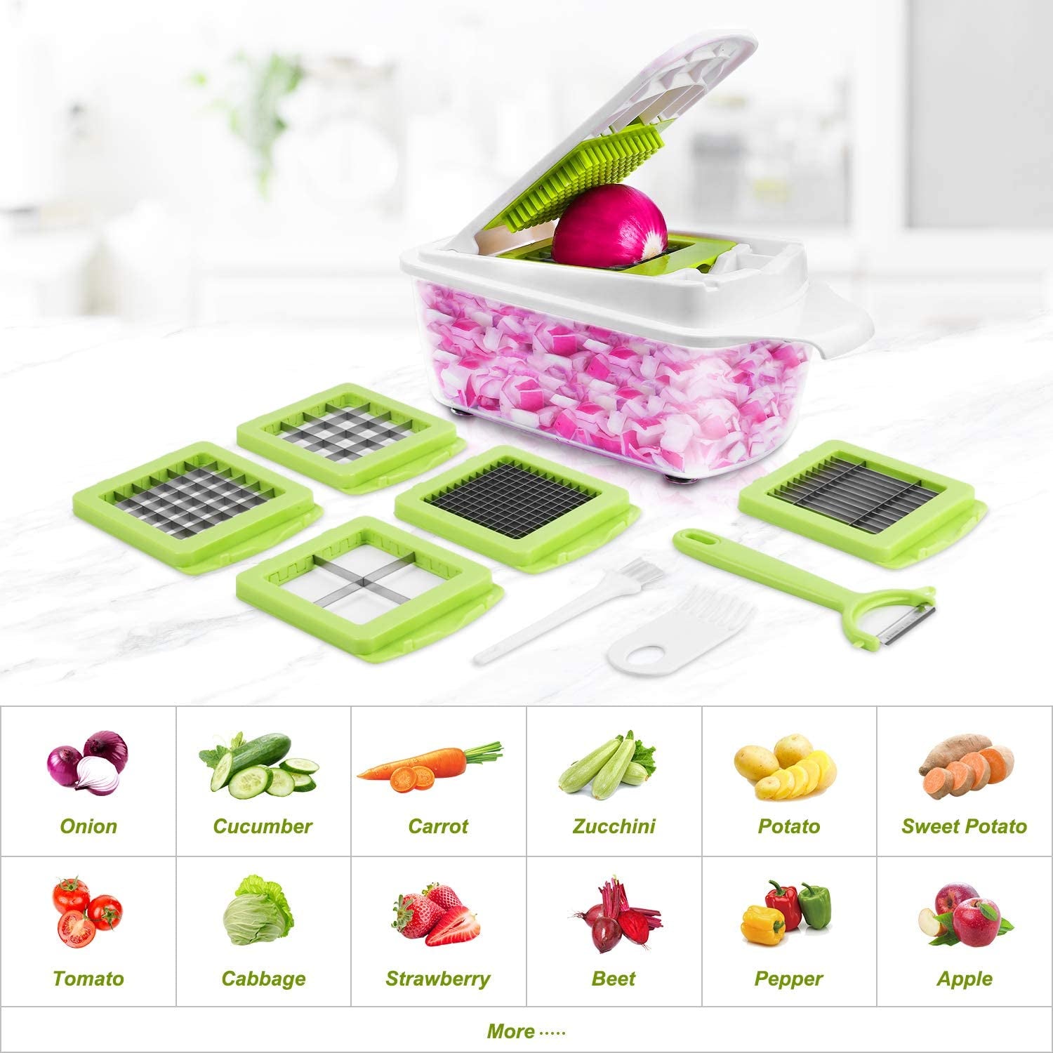 12-in-1 Vegetable Chopper and Dicer: A versatile food chopper and slicer for onions, potatoes, salads, fruits, apples, carrots, with a container and 12pcs accessories included.