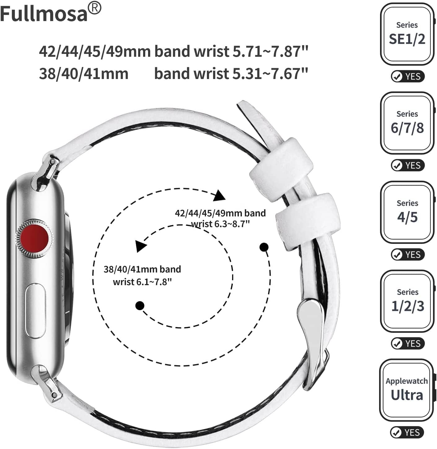 Texture Calf Leather Strap - Compatible with Apple Watch Band 38mm 40mm 41mm; Replacement Band/Strap/Bracelet for iWatch SE/SE2/Series 8/7/6/5/4/3/2/1; Available in White