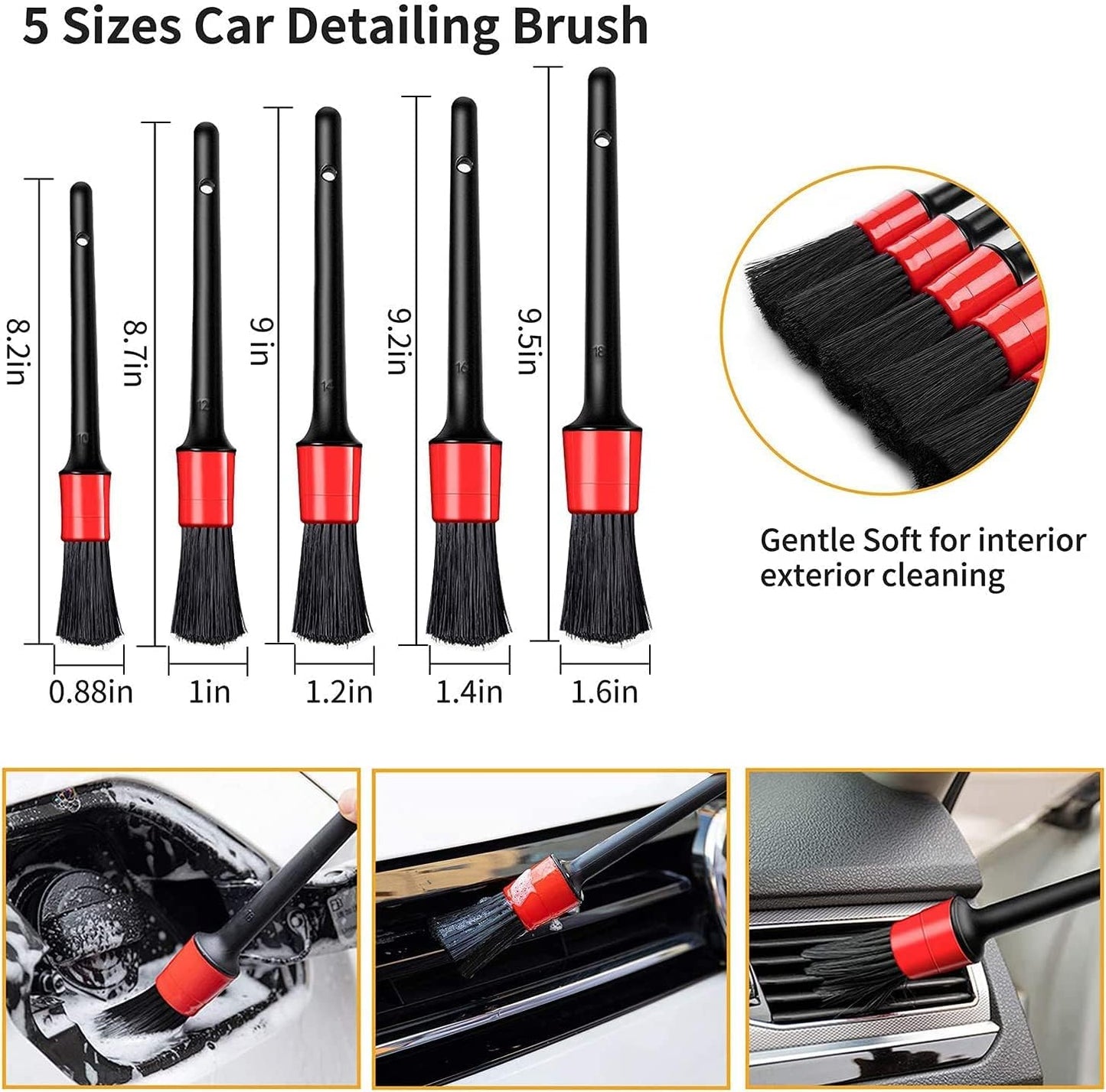 Professional Car Detailing Wheel Brush Kit - 5-Piece Long Soft Wheel Brush Set, 3-Piece Wire Brushes, and Microfiber Wash Mitt for Tire, Rim, Motorcycle, and Engine Cleaning