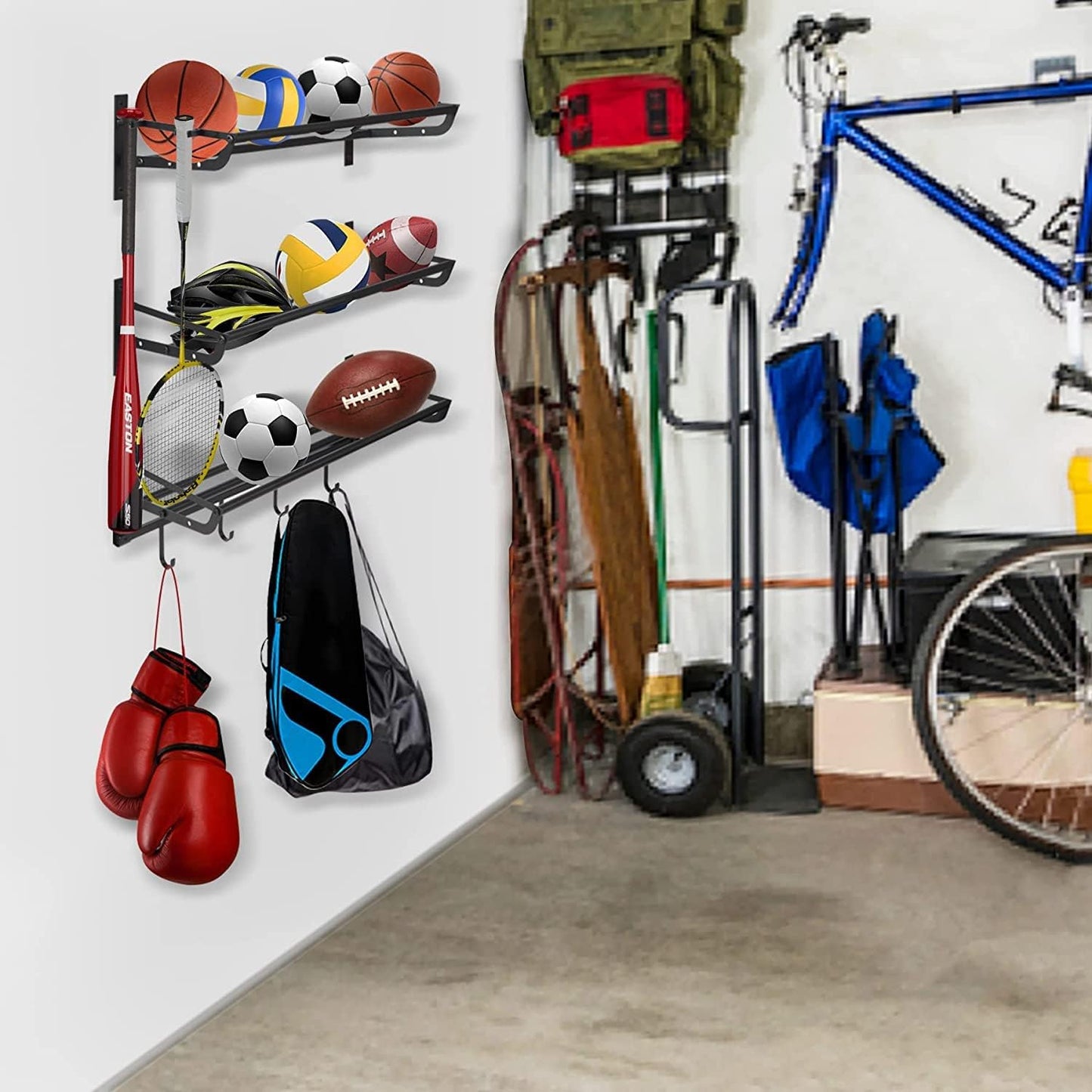 Wall-Mounted Sports Equipment Storage Shelf: Garage Ball Storage Rack with Hooks for Basketball, Black