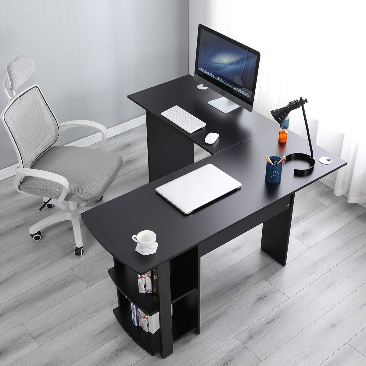 L-Shaped Computer Desk with Shelf - 59+51.2 inches L Desk Corner Computer Workstation Table with Desktop Shelf, Black 