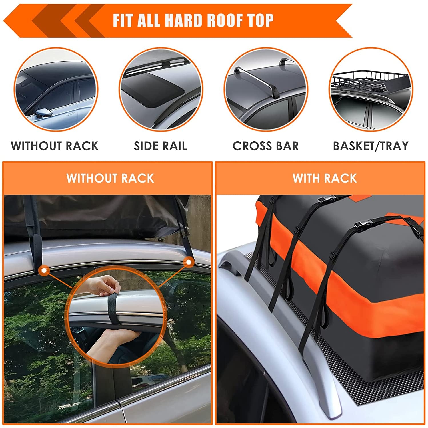 15 Cubic Feet Car Roof Bag - Waterproof Rooftop Cargo Carrier Bag - Fits All Cars with or without Racks - Includes Anti-Slip Mat, 8 Reinforced Straps, 6 Door Hooks, and Luggage Lock for Secure Transportation.