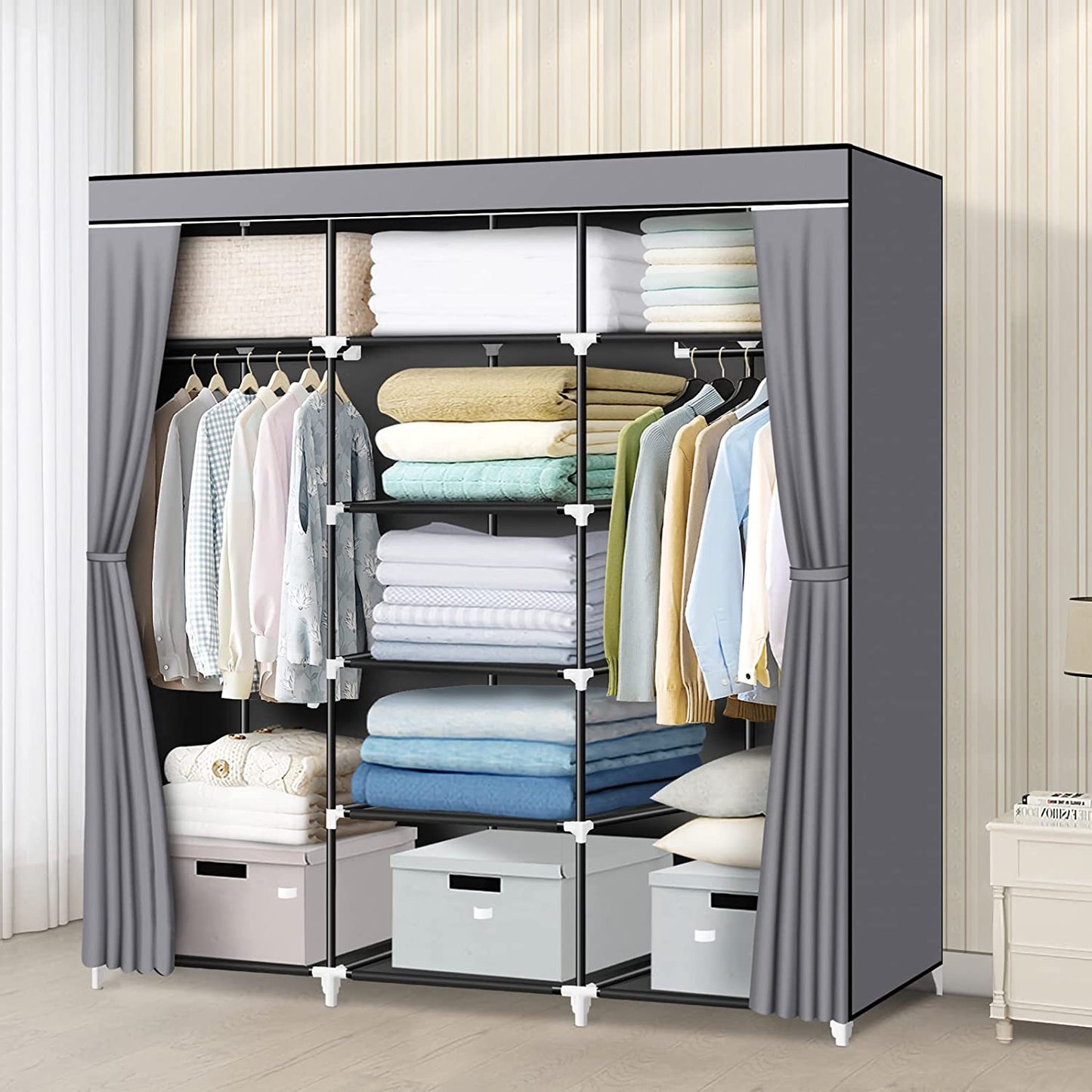 Portable Closet: 55.5 Inch Wardrobe Closet for Hanging Clothes with 2 Hanging Rods and 9 Clothes Storage Organizer Shelves. This Gray Closet is Extra Durable and Quick and Easy to Assemble.