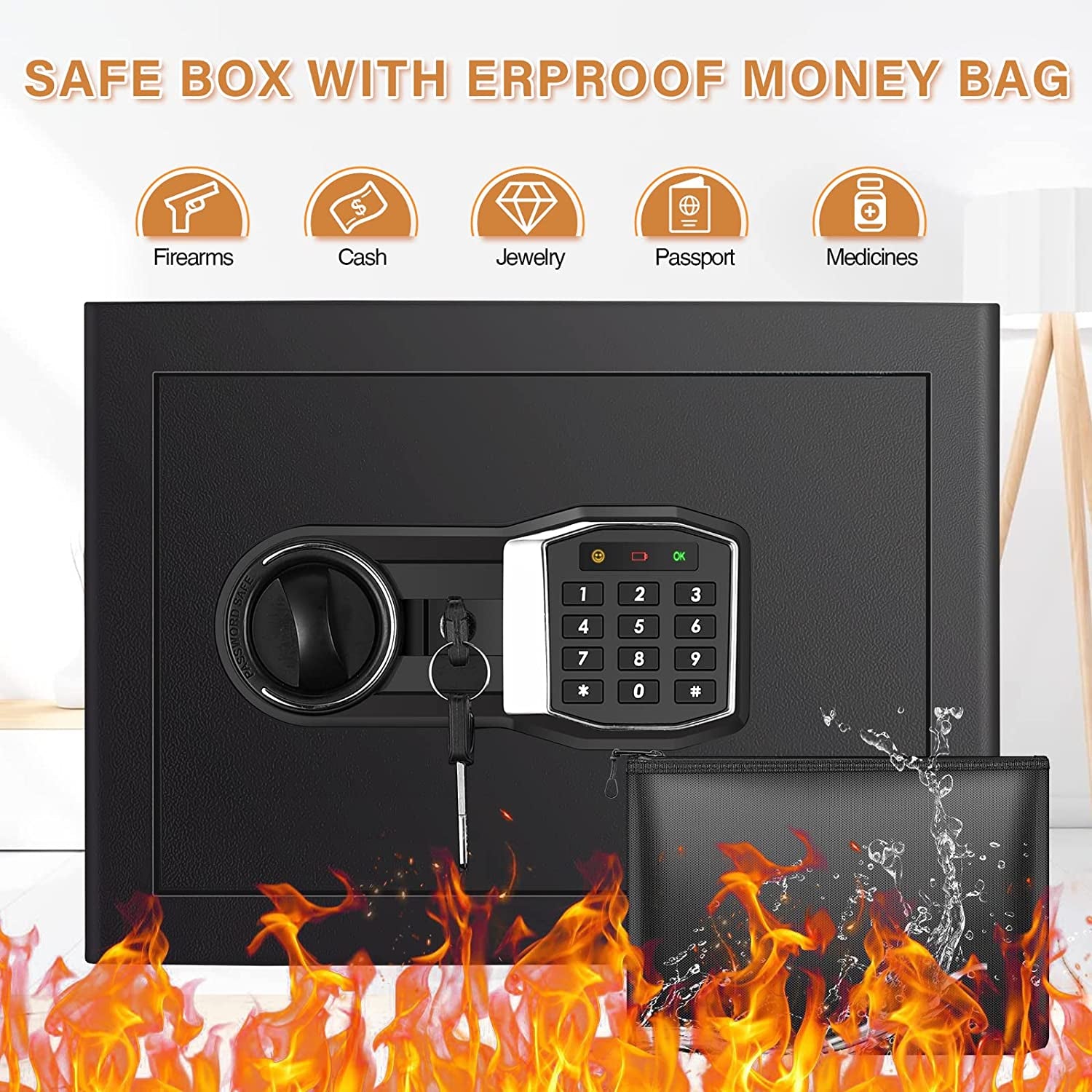 0.8 Cubic Foot Home Safe Fireproof Waterproof Bag included with Keypad, Key, Shelf