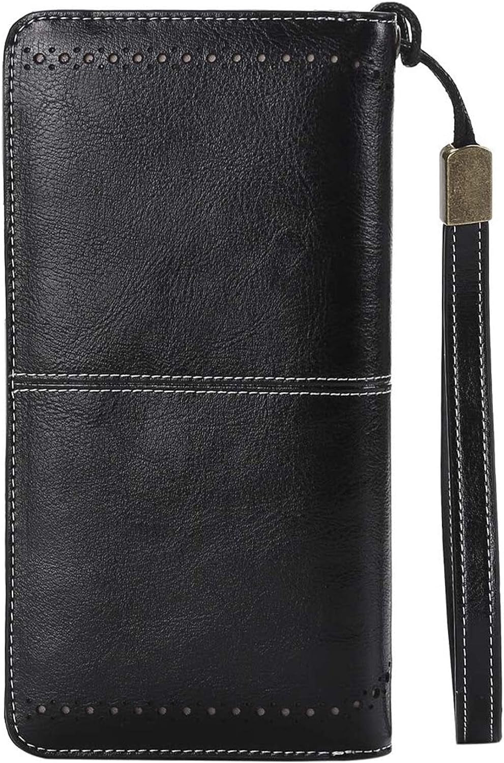 Genuine Leather Women's RFID Blocking Wallet Black - Clutch Style with Card Holder Organizer and Purse Functionality, Available in Black; Measures 7.6 x 1.37 x 4.1 inches, Offers Zipper Closure, Snap Closure, and Trifold Closure for Enhanced Security.