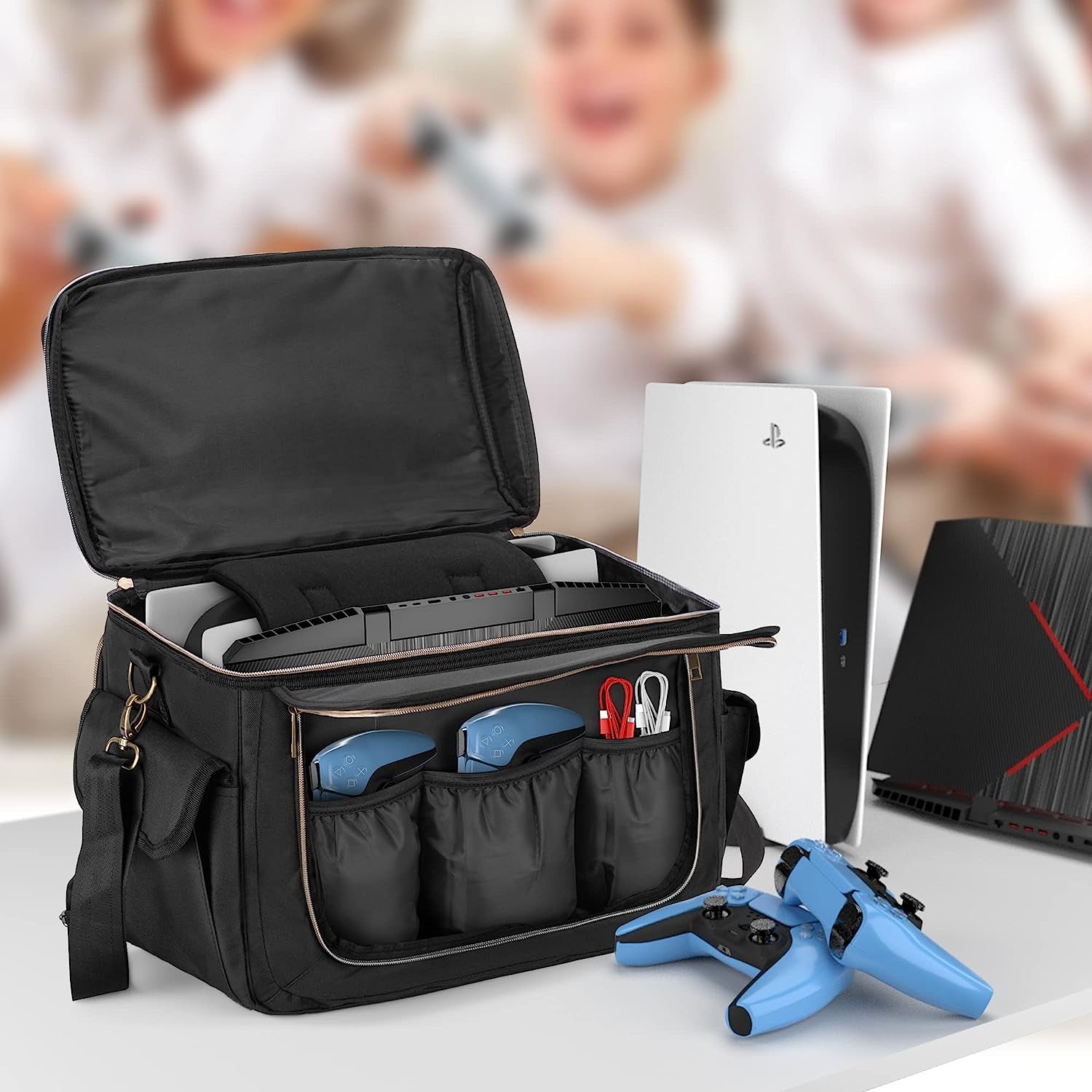 Protective Travel Carry Case Storage: Gaming Console Bag Compatible with PS5, PS4, Xbox One. Features Patented Design. Includes Compartments for Controllers, 15.6" Laptop, Monitor, Headsets, Gaming Discs, Charger, and More Gaming Accessories.