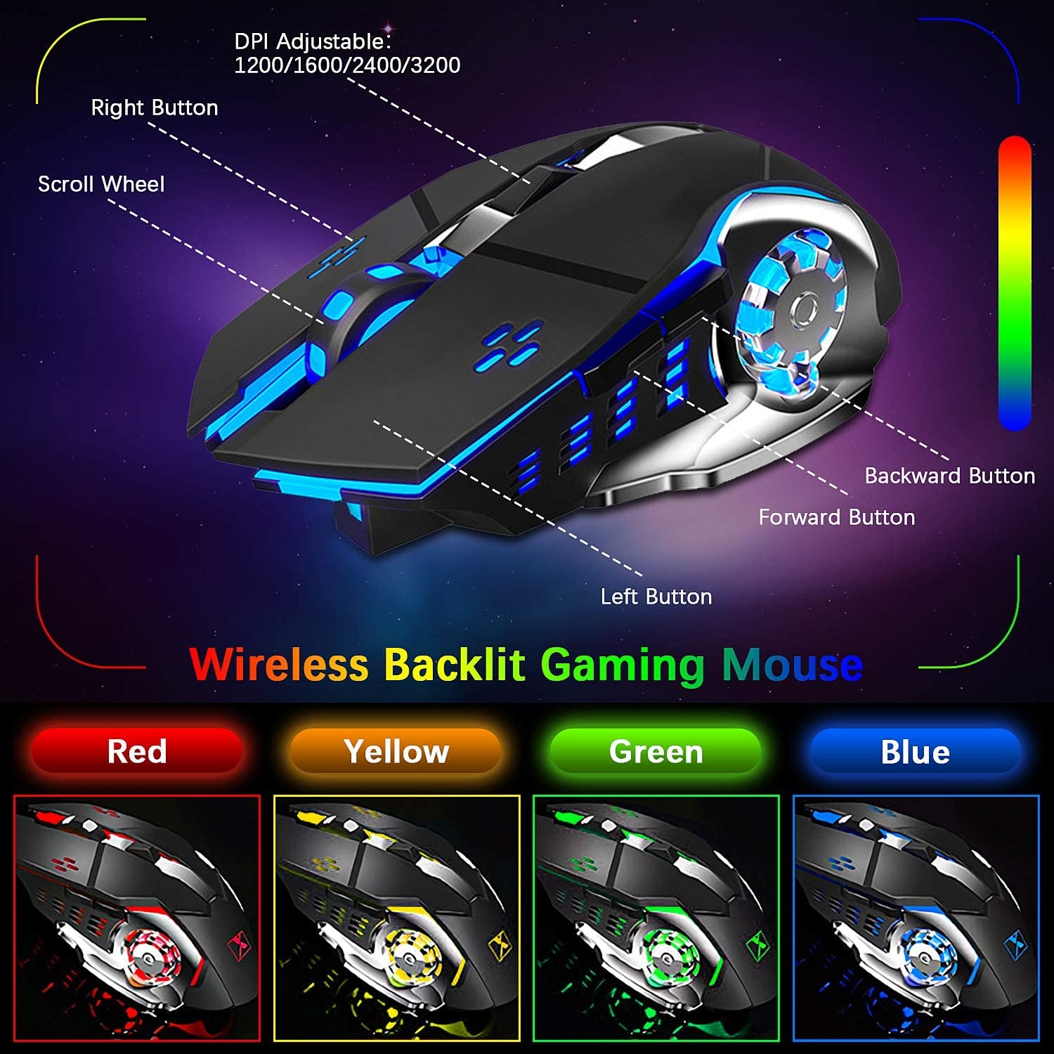 Wireless Gaming Keyboard and Mouse Set with Rainbow Backlight, Rechargeable Keyboard Mouse Combo featuring 3800mAh Battery, Metal Panel, Removable Hand Rest, Mechanical Feel Keyboard, and 7 Color Gaming Mouse for PC Gamers