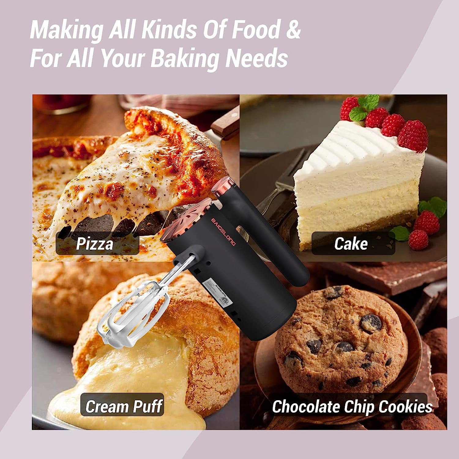 500W Ultra Power Electric Hand Mixer with Variable Speed Control - Includes 5 Stainless Steel Accessories for Baking, Dishwasher Safe - Black Rose Gold Color