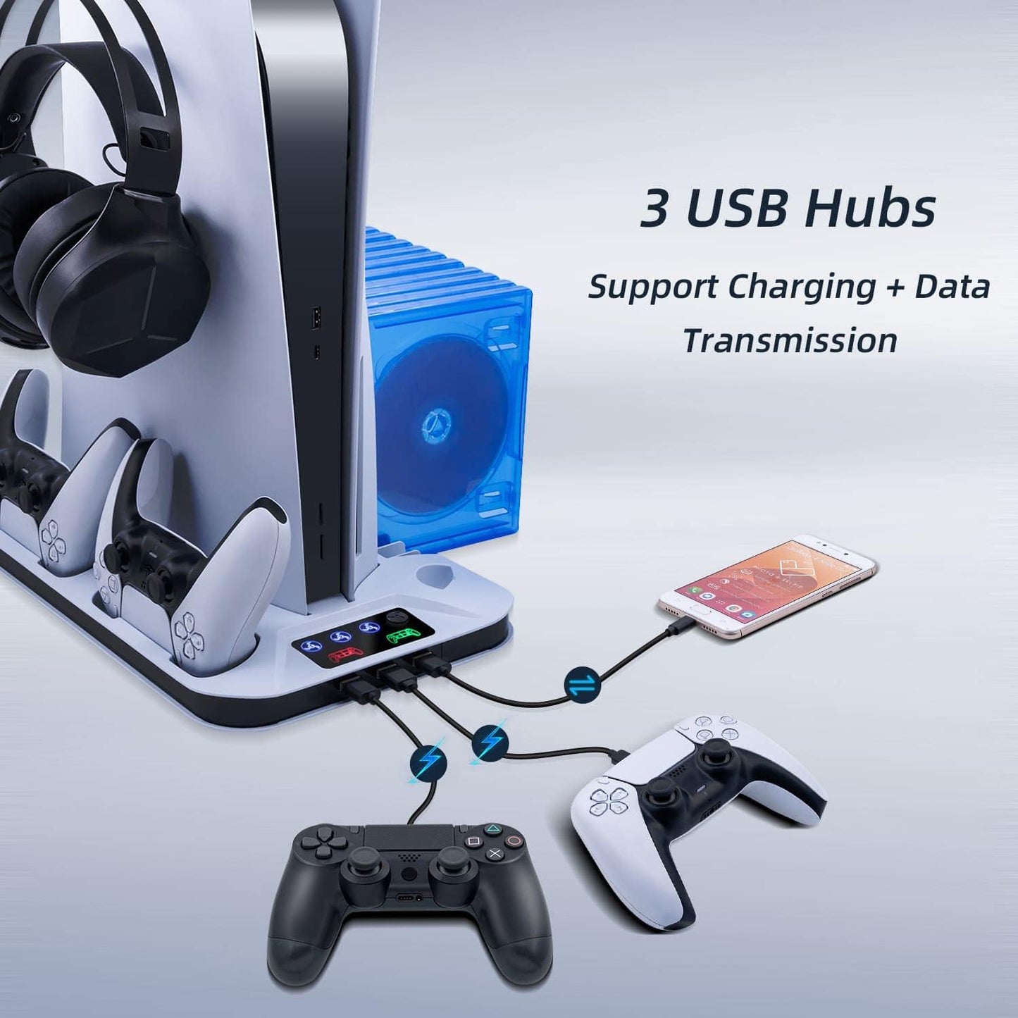 PS5 Cooling Stand with 3-Level Speeds Cooling Fan, Game Storage, Dual Controllers Charger, Headset Holder, and LED Indicators - White