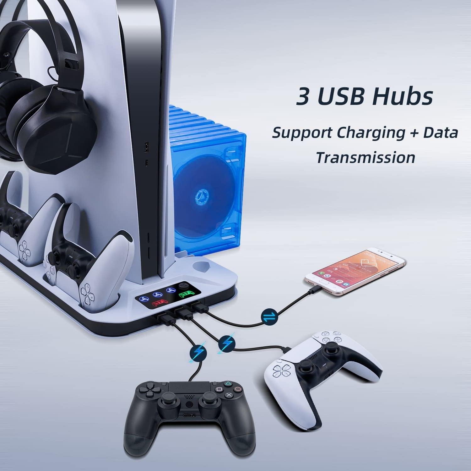 PS5 Cooling Stand with 3-Level Speeds Cooling Fan, Game Storage, Dual Controllers Charger, Headset Holder, and LED Indicators - White