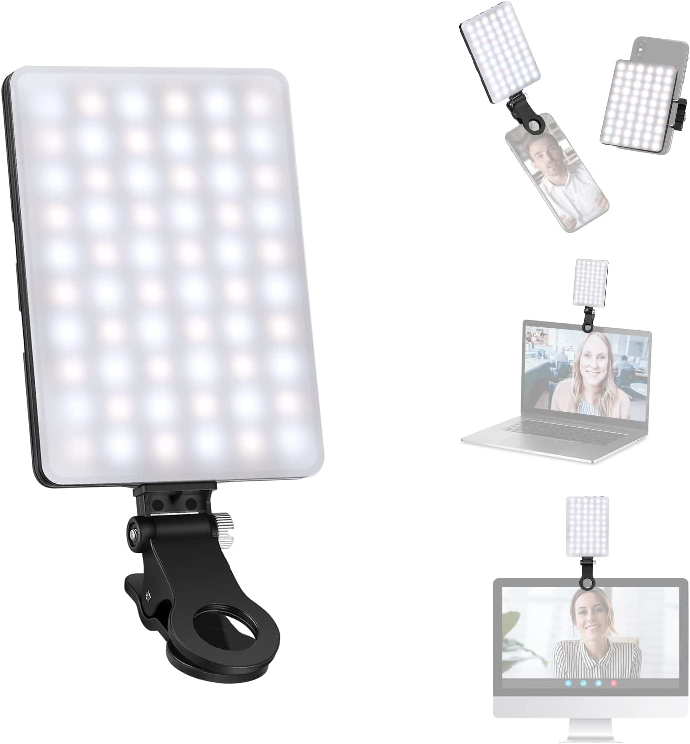 Portable LED Selfie Light with Front & Back Phone Clip, 60 High Power LEDs, 2000mAh Rechargeable Battery, CRI 95+, 3 Light Modes - Perfect for Phone/Tablet/Laptop, Zoom Calls, TikTok Videos, and Fill Light