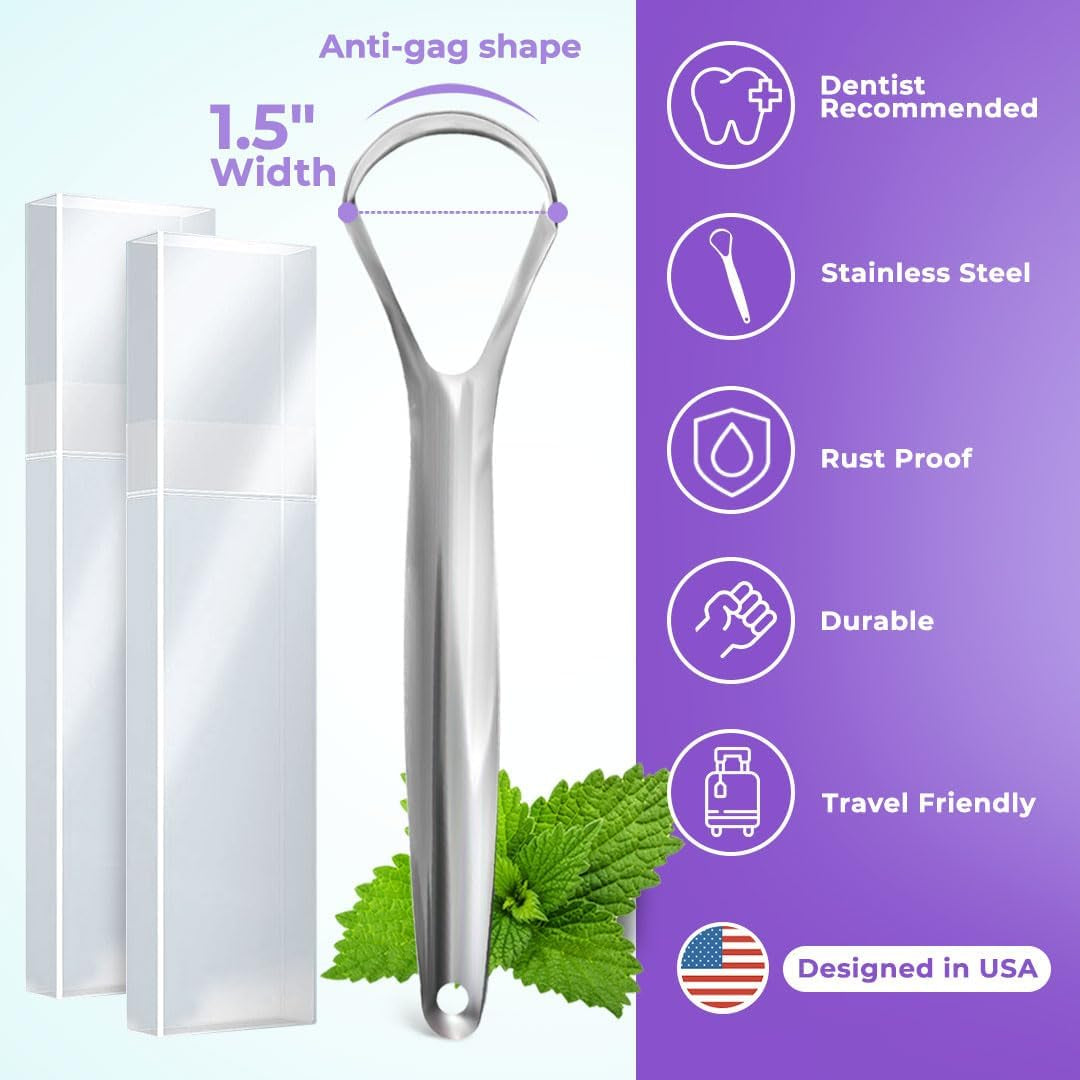 Stainless Steel Tongue Scraper (2 Pack) for Fresher Breath, Effective Bad Breath Reduction, 100% BPA Free Tongue Cleaners