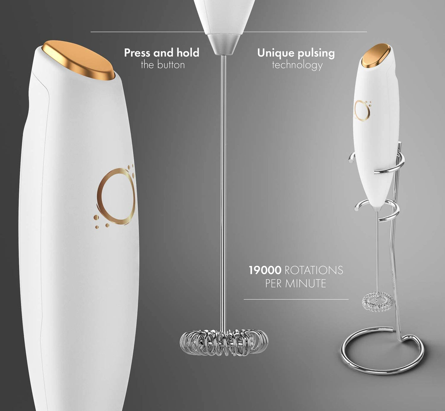 Milk Frother: Handheld Coffee Frother with Electric Whisk, Operating at 19000 rpm. Includes Book Recipes and Stainless Steel Stand. Available in White and Gold