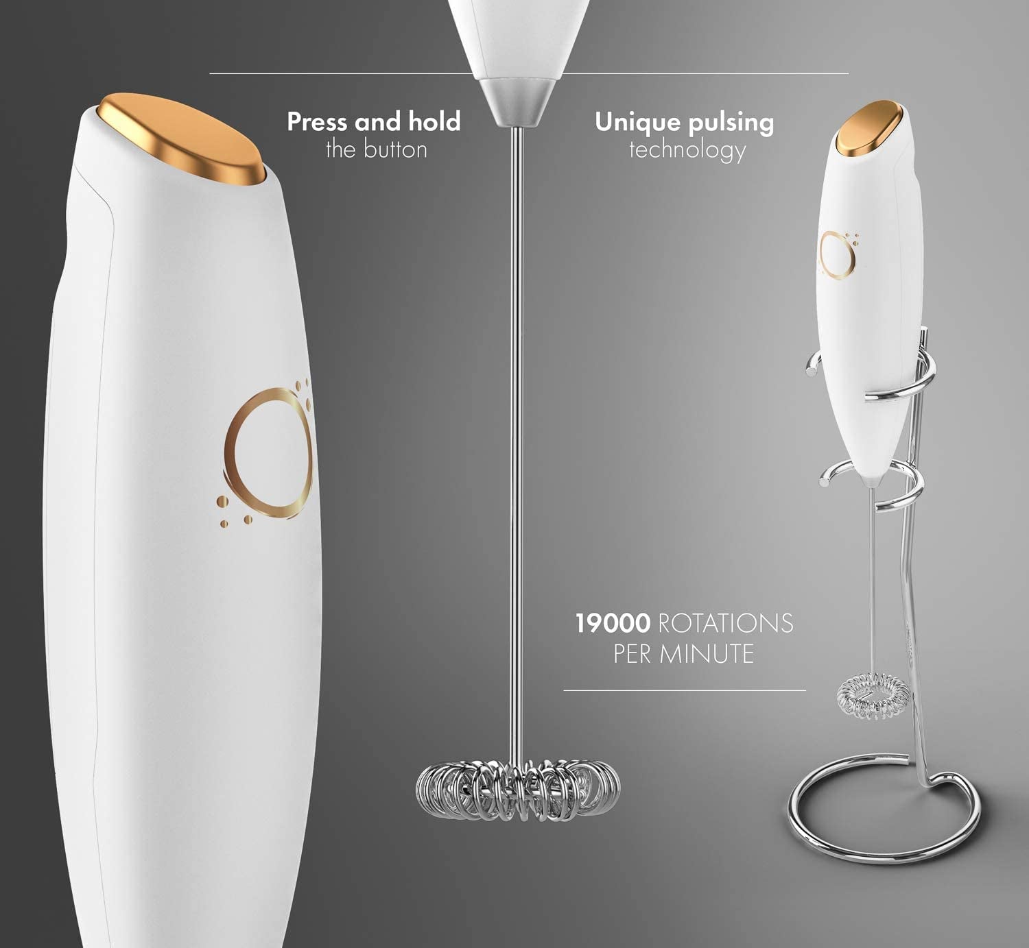 Milk Frother: Handheld Coffee Frother with Electric Whisk, Operating at 19000 rpm. Includes Book Recipes and Stainless Steel Stand. Available in White and Gold