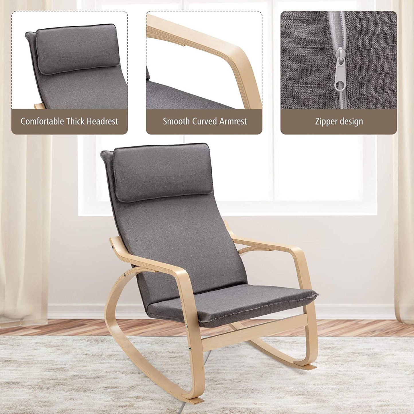  Rocking Chair with Removable Cushion, Leisure Armchair Suitable for Living Room, Bedroom, Balcony, Nursery Room Ergonomic Chair (1, Gray)