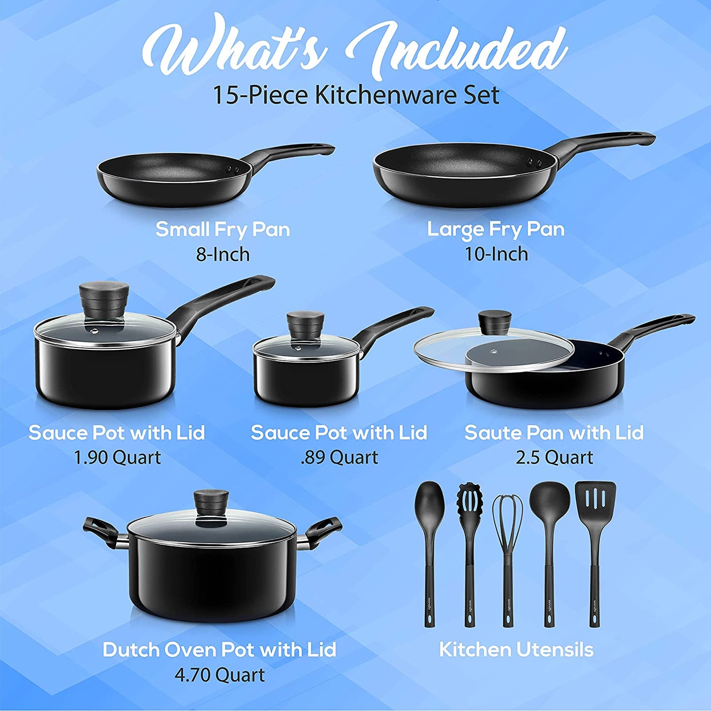 Kitchenware Pots & Pans: Basic Kitchen Cookware in Black with Non-Stick Coating Inside and Heat Resistant Lacquer. This 15-Piece Set comes in One Size