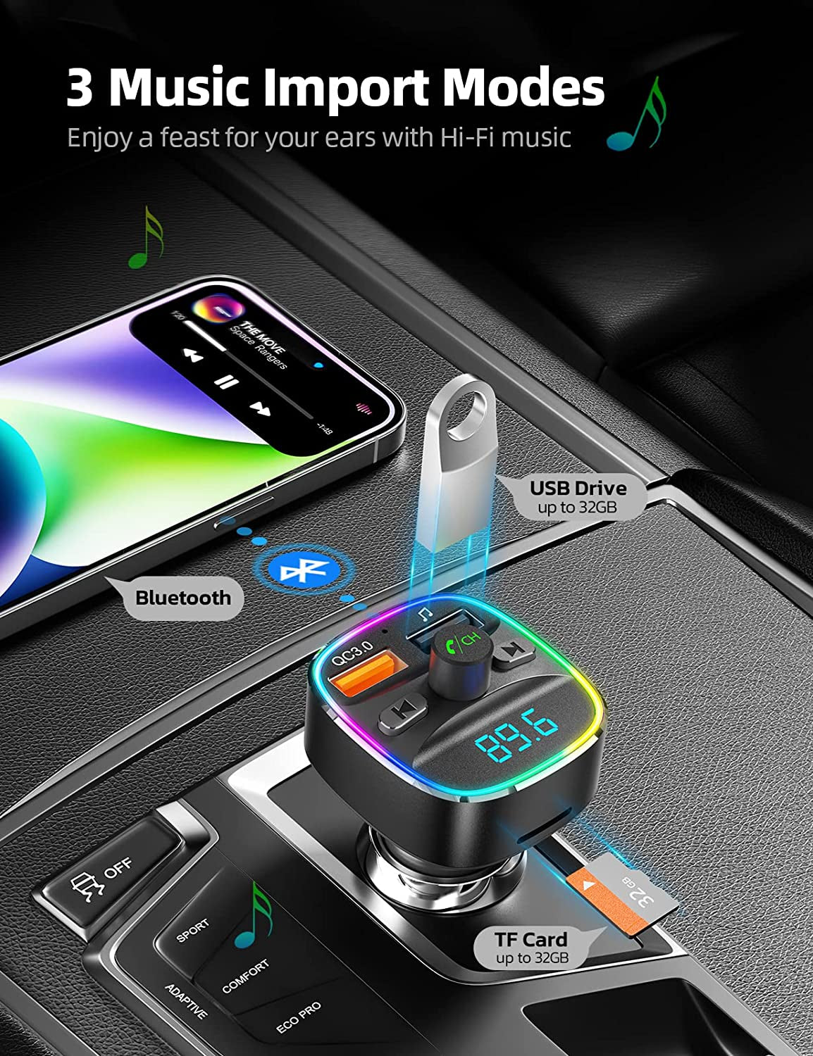 Bluetooth FM Transmitter for Car with Upgraded QC3.0 & 5V/1A Dual USB Charger, Wireless Radio Adapter with 7-Color LED Backlit Light, Hands-Free Calling, and USB Drive TF Card Support