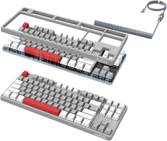 AK873 Wired 87 Key TKL Mechanical Gaming Keyboard - Rainbow Backlit, Hot-Swap Linear Red Switch, NKRO, Gasket, Custom Coiled Aviator USB-C to USB-A Cable. Designed for Win, PC, Mac, PS4, Switch, Xbox Gamers White Grey