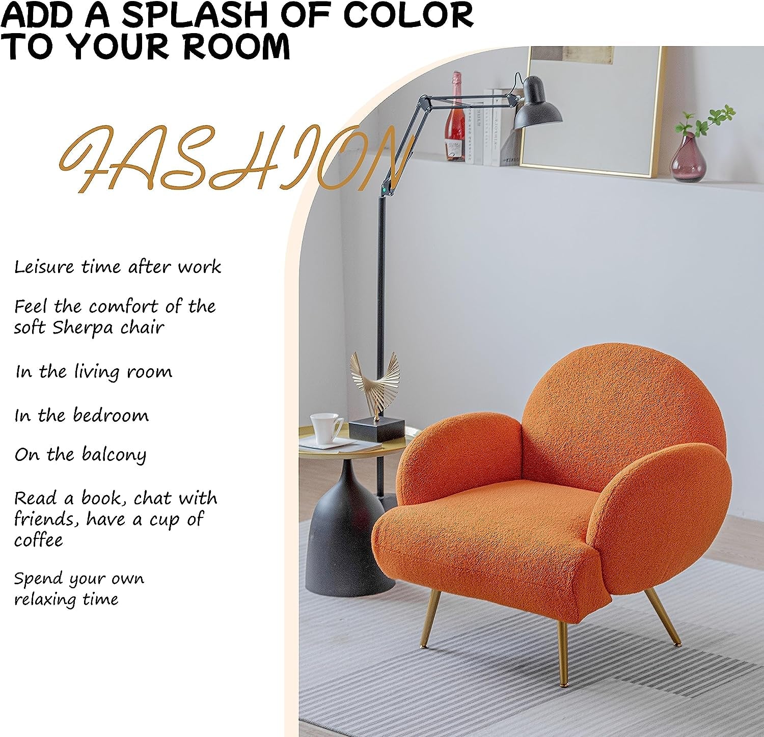 Orange Accent Sherpa Chair - Comfy Modern Armchair with Golden Metal Legs Mid-Century Sofa Chair