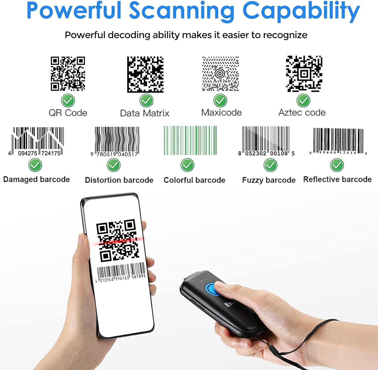 Bluetooth QR Code Scanner with Volume Adjust Button, Physical Power Switch, and 2D Bar Code Scanning Capability for Inventory Management, Compatible with Tablet, iPhone, iPad, Android, iOS, PC, and POS Systems