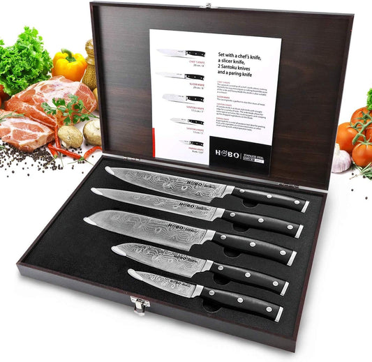 5-Piece Professional Kitchen Knife Set - Stainless Steel Finish, Includes Chef Knife, Bread Knife, Carving Knife, Utility Knife, and Paring Knife, Presented in a Wooden Box.