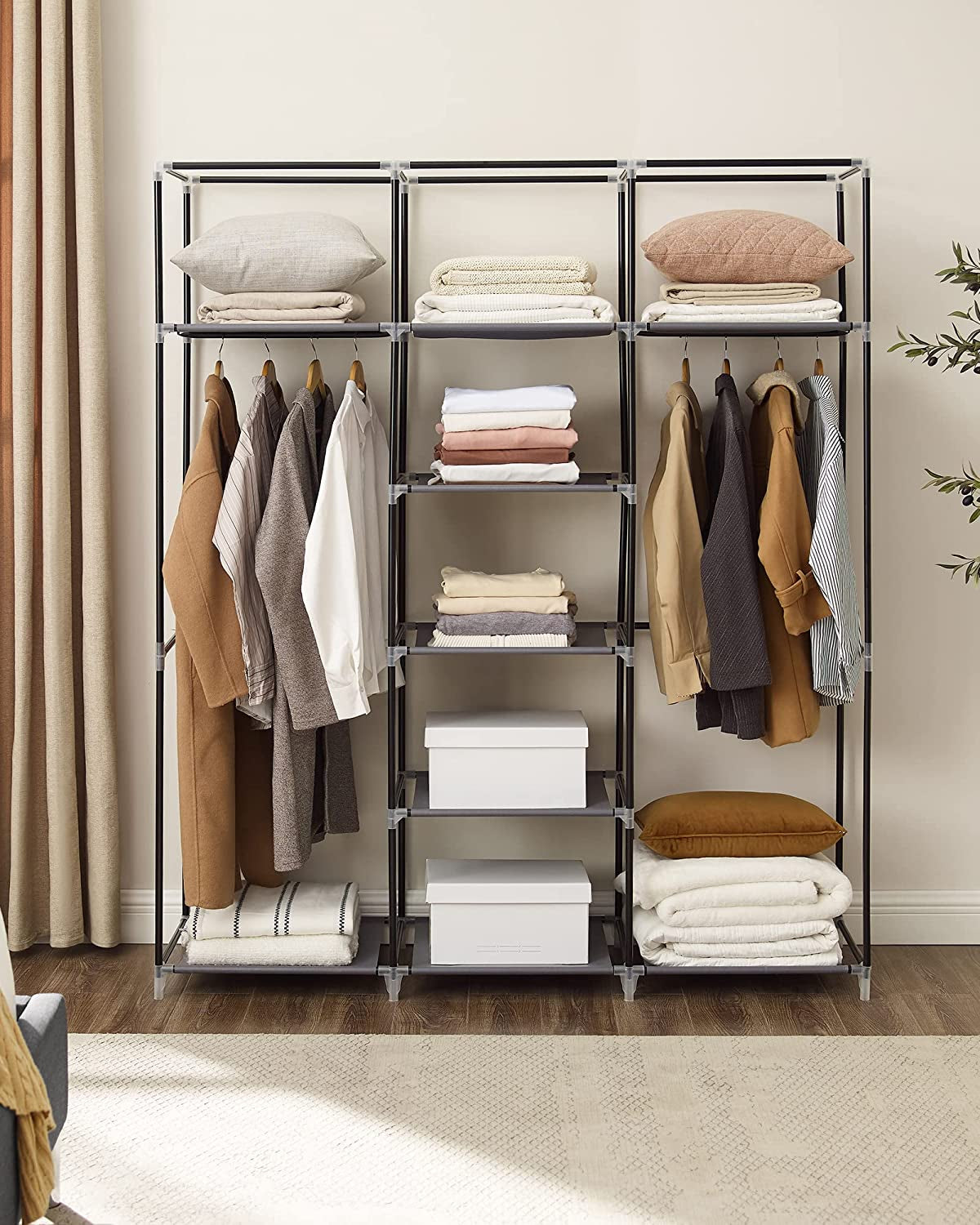 Portable Clothes Closet: Non-Woven Fabric Wardrobe Storage Organizer in Gray 