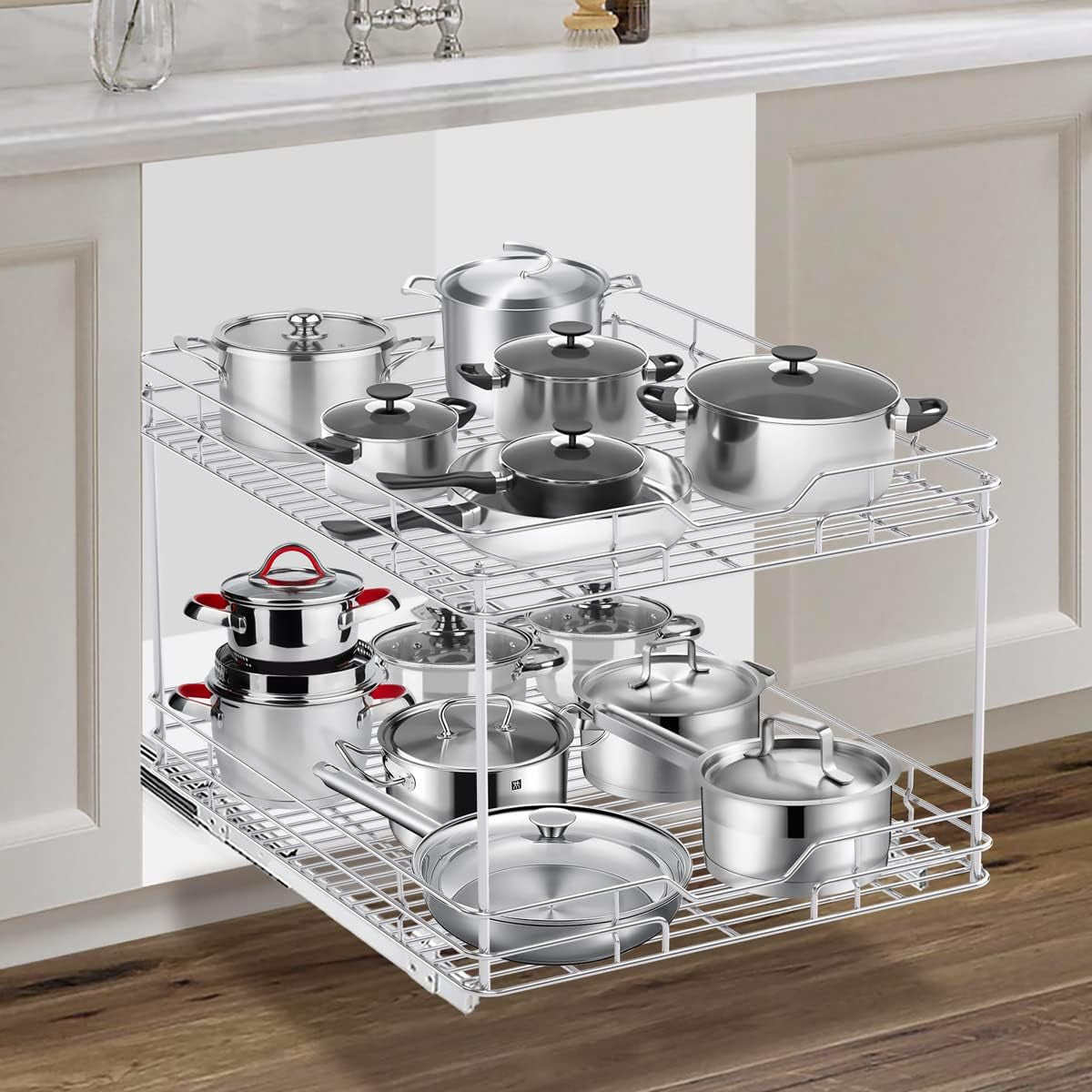 2-Tier Heavy-Duty Pull-Out Cabinet Drawer Organizer - 21''Dx17''W - Designed for Cabinets with a Minimum 18” Opening, Wire Frame with Chrome Finish