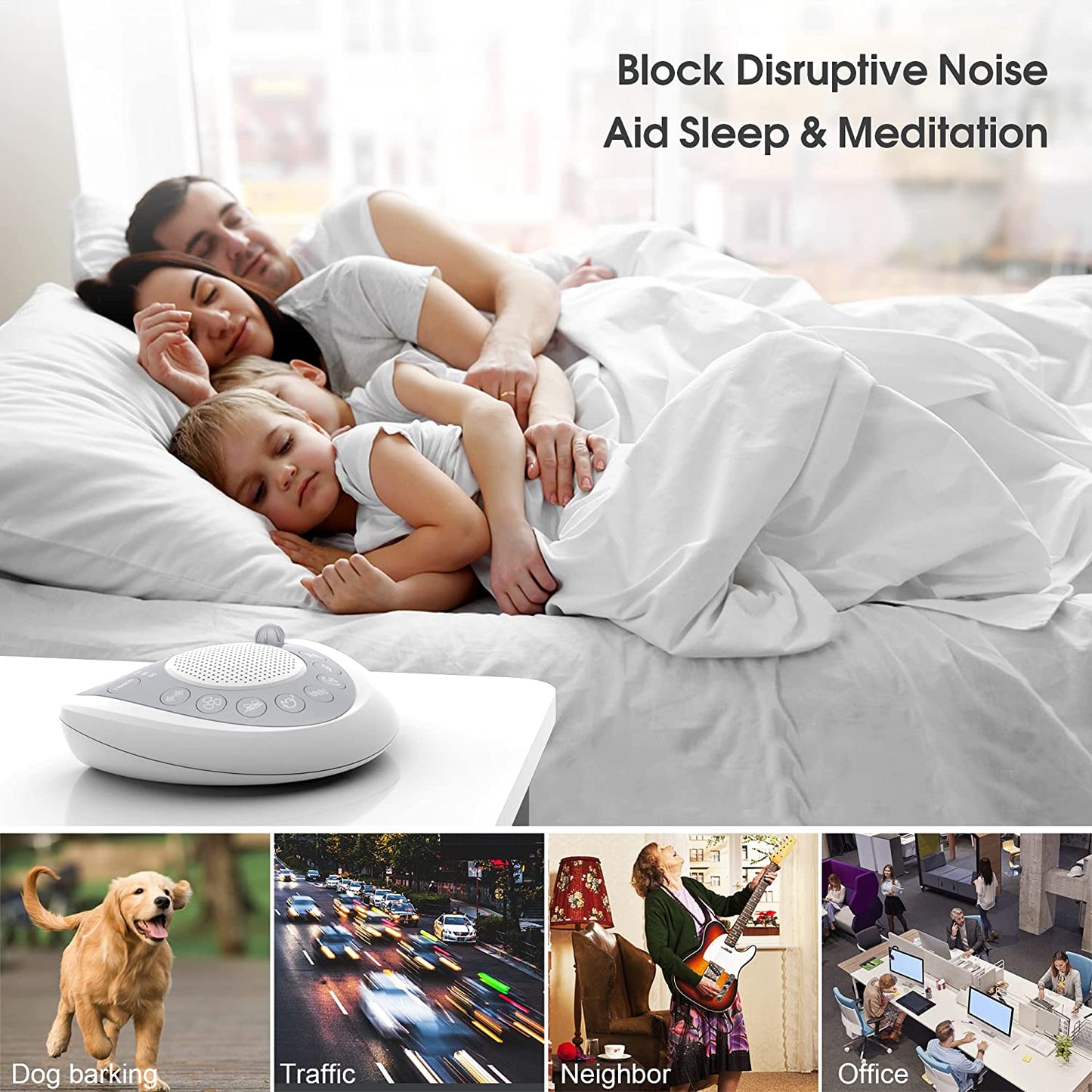 White Noise Sound Machine for Adults: Features 24 Nature Sounds, Adjustable Sound Levels, 3 Sleep Timers, and can be Powered via Plug-In or Batteries. It also includes an Earphone Jack, Memory Function, and Phone Charger.