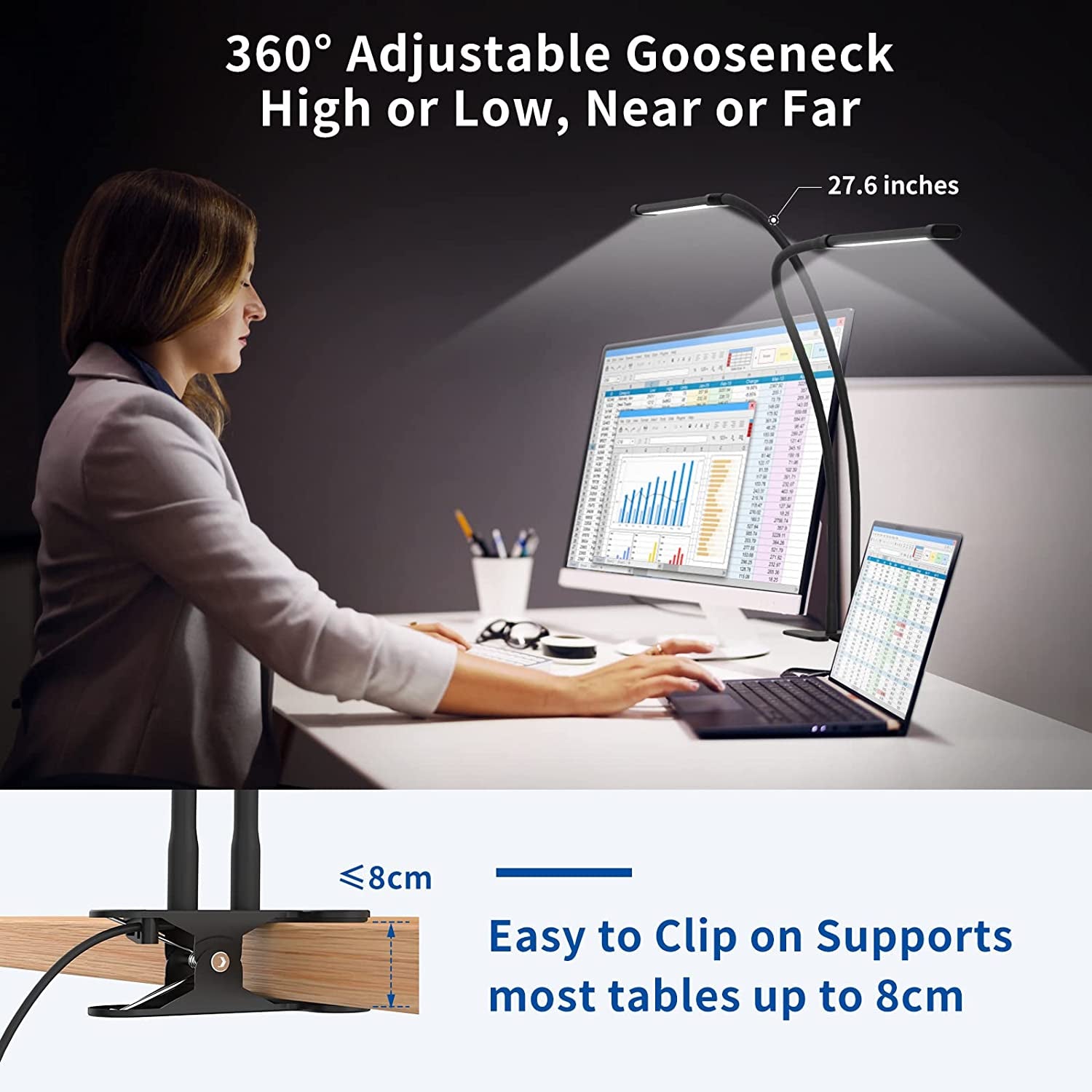 Clamp Desk Lamp with 2 LED Tubes for Home Office, Flexible Gooseneck Reading Light, Clip-on LED Book Light for Bedroom, Table, Headboard, College Dorm, and More - Black