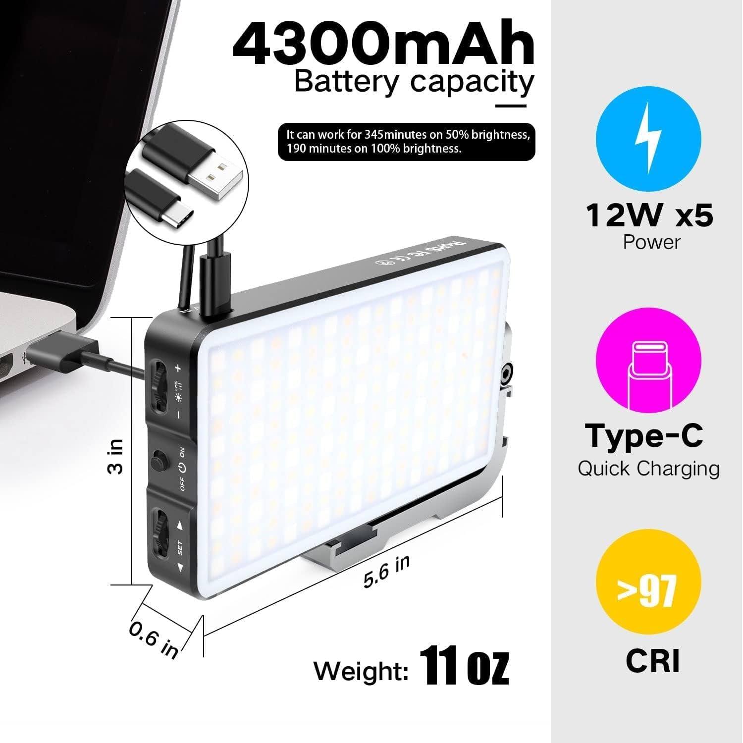  Pocket RGB Camera Light with Rechargeable Battery, Full Color Gamut, and Adjustable Stand