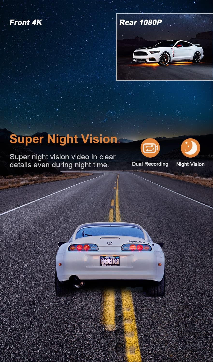 4K Wifi Front and Rear Dash Cam - 3 Inch Dash Camera for Cars with 1080P Rear Camera, Dual Dash Cam with Included 64GB Micro SD Card, Dashboard Camera with Night Vision, Parking Monitor, and Motion Detection