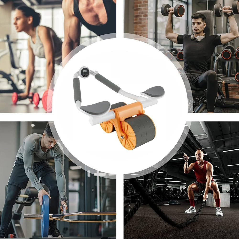 Ab Roller Wheel with Elbow Support - Automatic Rebound Abdominal Exercise Wheel for Abs Workout. Ideal Home Gym Fitness Equipment with Time Tracker and Mat for Core Strength Training.