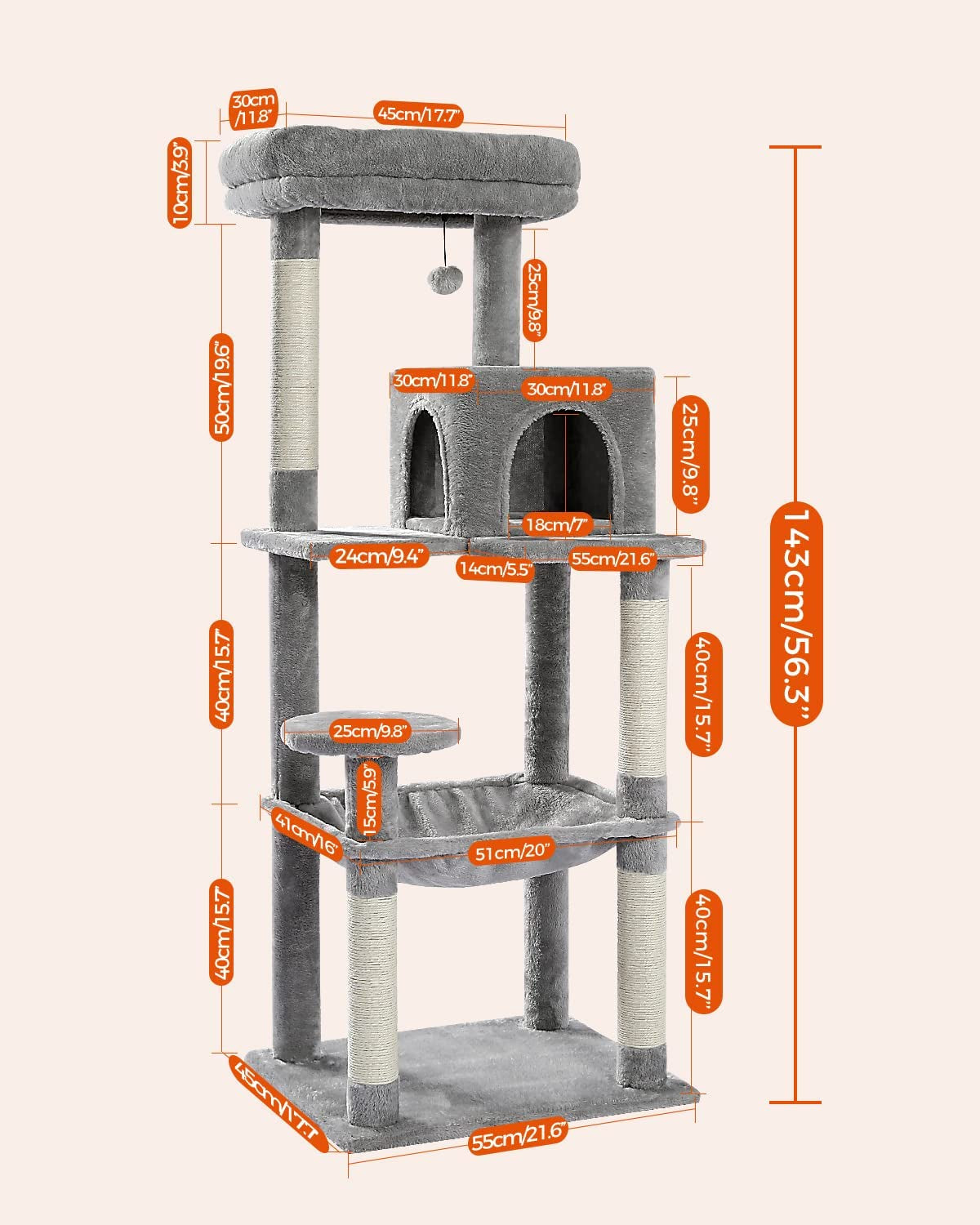 Cat Tree for Large Cats - Sturdy Metal Frame, Spacious Hammock, and Multi-Level Design - Ideal Indoor Cat Tower with Condo House, Scratching Posts, and Top Perch - 56.3" [143cm] Height - Elegant Grey Color