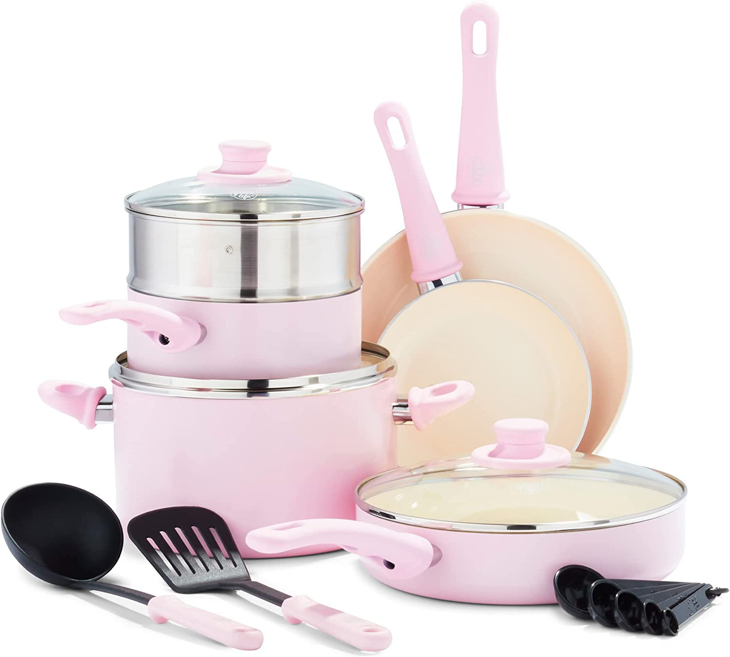 Soft Grip Ceramic Nonstick Cookware Set - 12 Piece, PFAS-Free, Dishwasher Safe, Pink