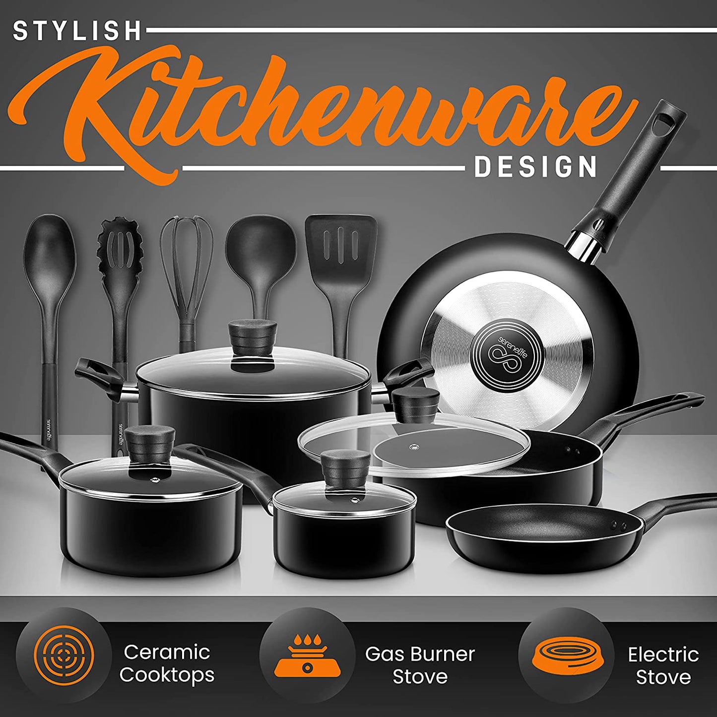 Kitchenware Pots & Pans: Basic Kitchen Cookware in Black with Non-Stick Coating Inside and Heat Resistant Lacquer. This 15-Piece Set comes in One Size