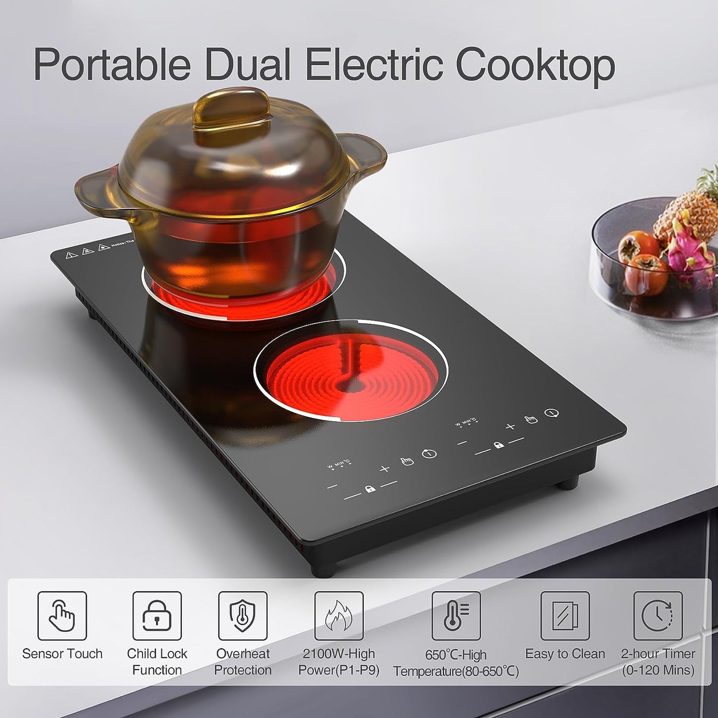 12-Inch Built-in Radiant Electric Stove Top - Electric Ceramic Cooktop with 2 Burners, 110V, 9 Heating Levels, Timer, Kid Safety Lock, and Sensor Touch Control.