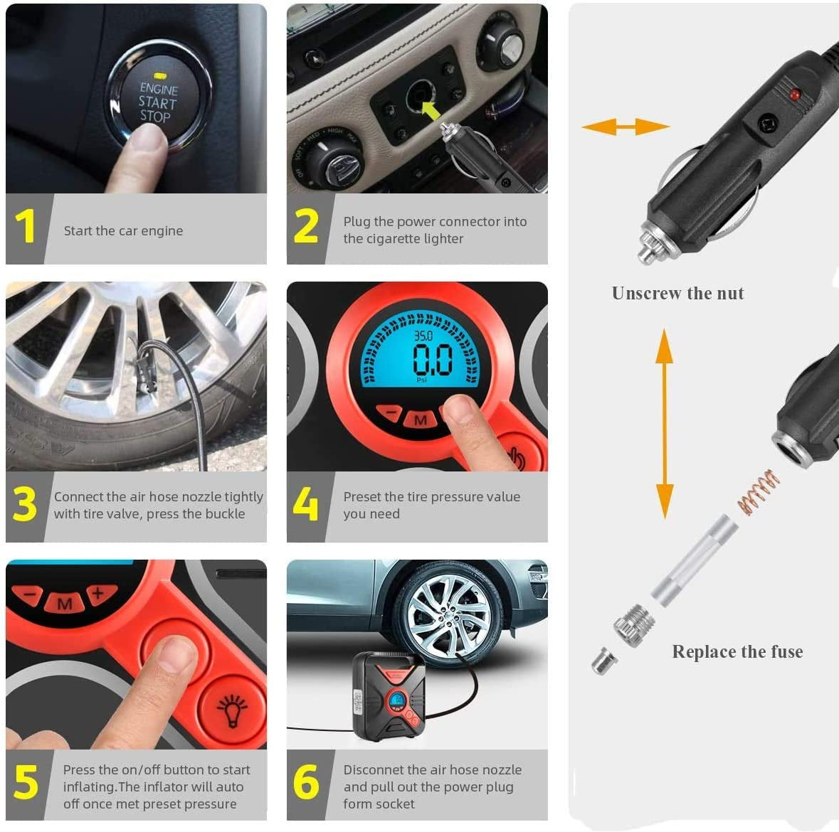  Portable Digital Car Tire Inflator - 12V Air Compressor for Car Tires with Pressure Gauge, LED Light, and Valve Adaptors - Suitable for Bike, Automobile, Basketball, and Pool Toys - Red