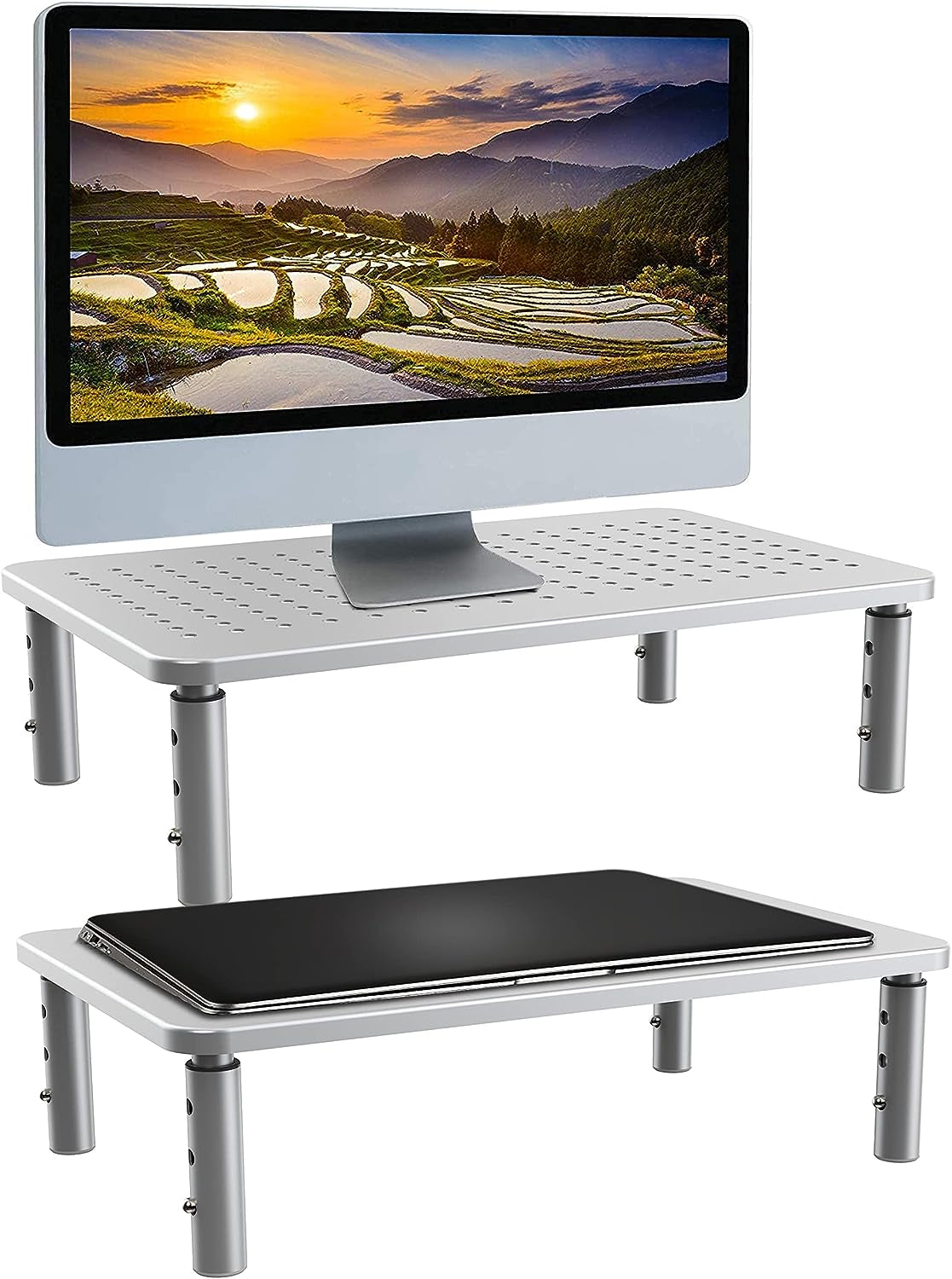 2-Pack Metal Riser Monitor Stand Ergonomic Adjustable Height-Silver