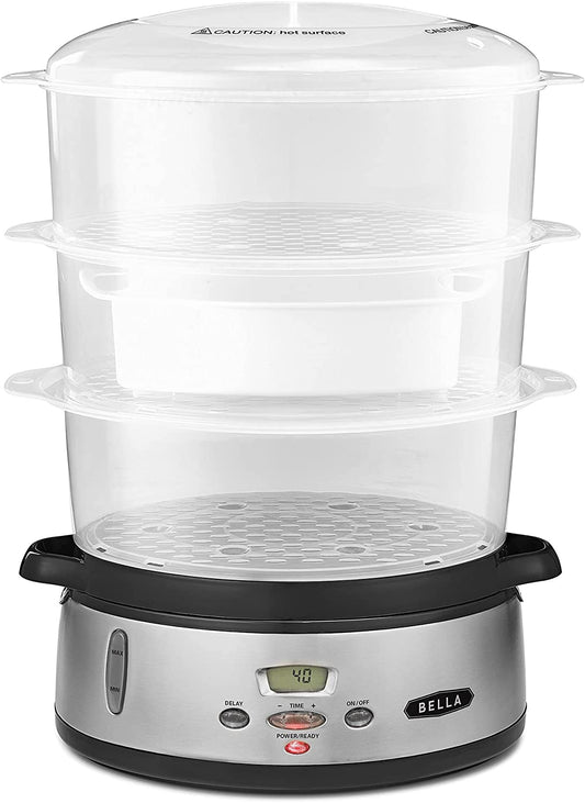 Triple Tier Digital Food Steamer - 9.5 QT Capacity, Healthy and Fast Simultaneous Cooking, Stackable Baskets for Vegetables or Meats, Includes Rice/Grains Tray, Auto Shutoff, and Boil Dry Protection. Made of Stainless Steel.