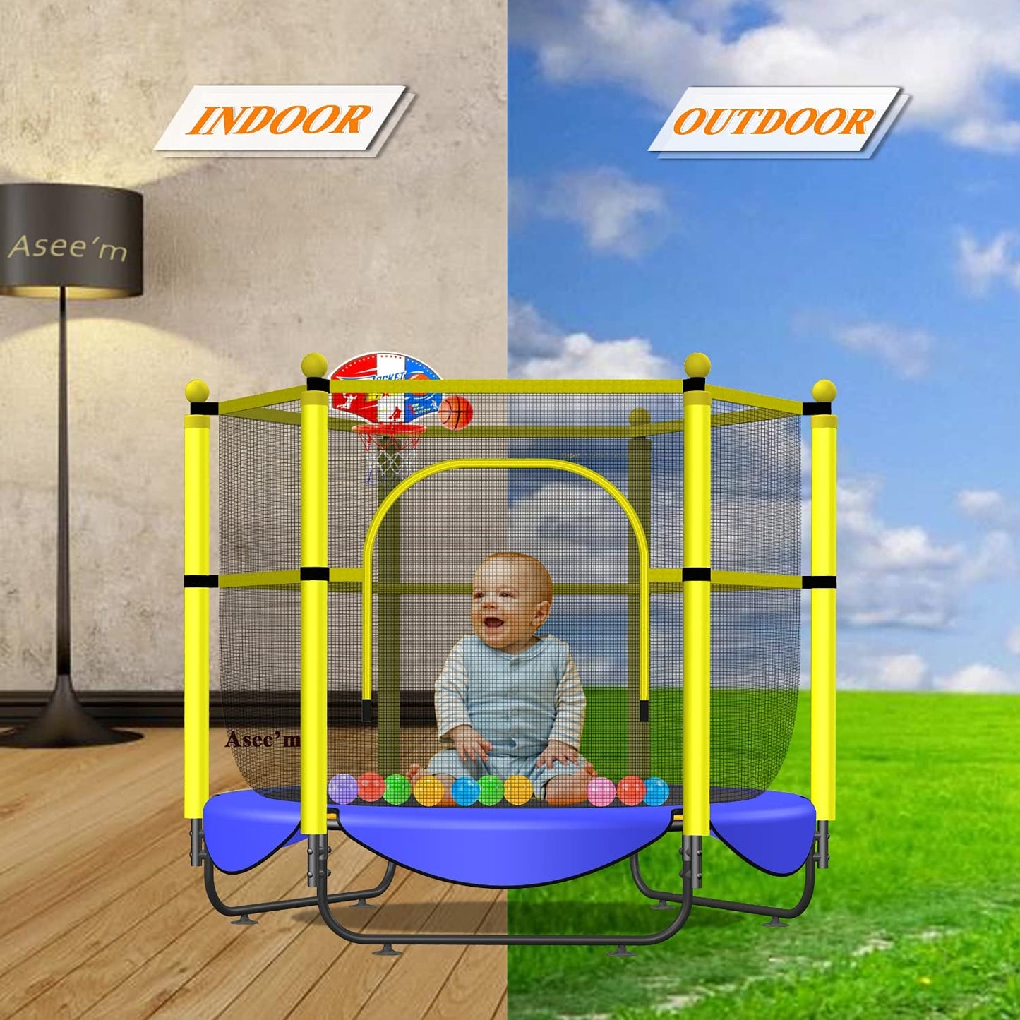60" Indoor & Outdoor Trampoline for Kids - Small Trampolines with Basketball Hoop and Safety Enclosure - Ideal Birthday Gifts for Kids Ages 1-8 - Suitable for Boys and Girls