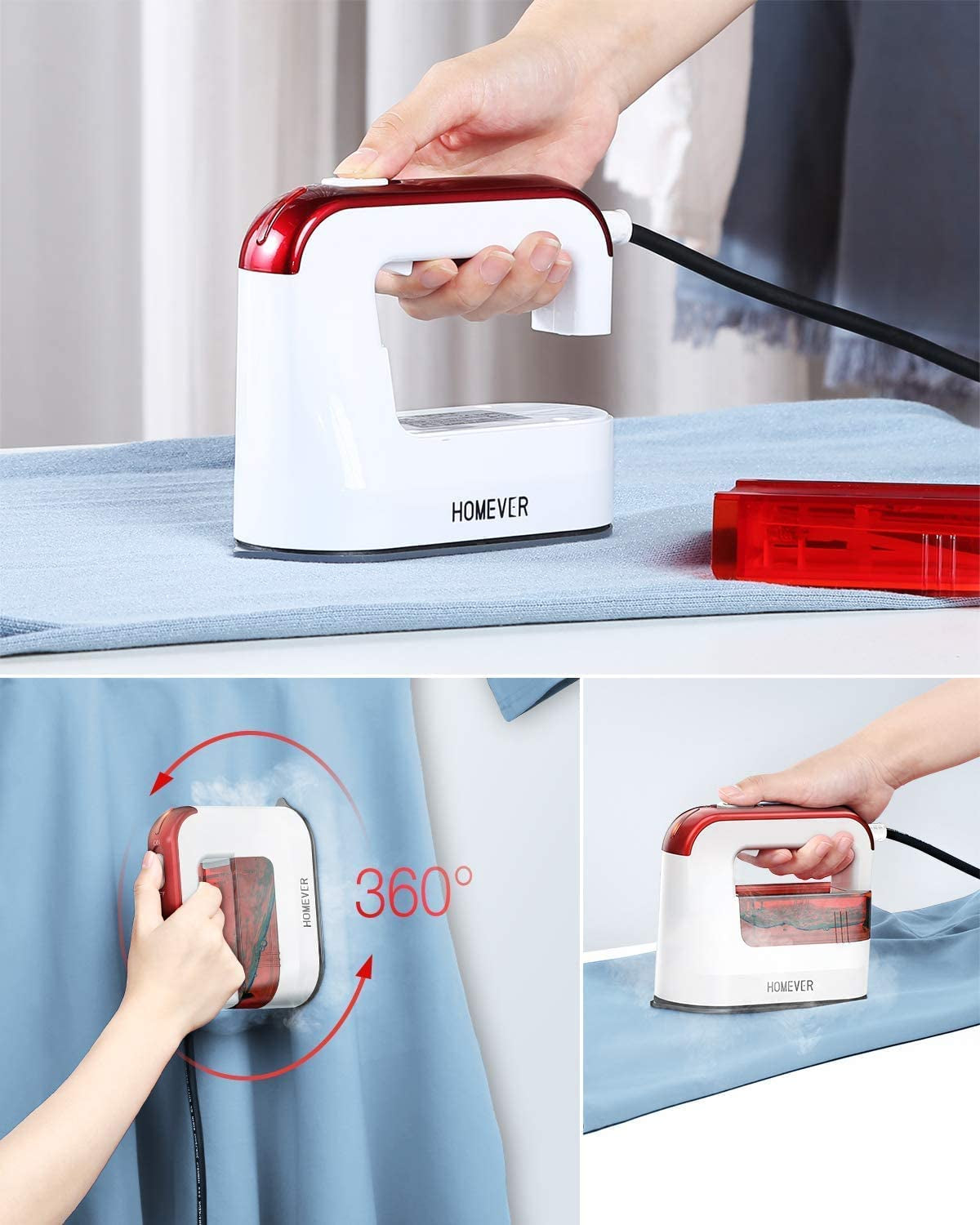 1300W Clothes Steamer: Powerful Handheld Iron Steamer for Horizontal and Vertical Ironing, 4 in 1 Functionality, 40s Fast Heat-up, Portable Mini Iron for Home and Travel - Red