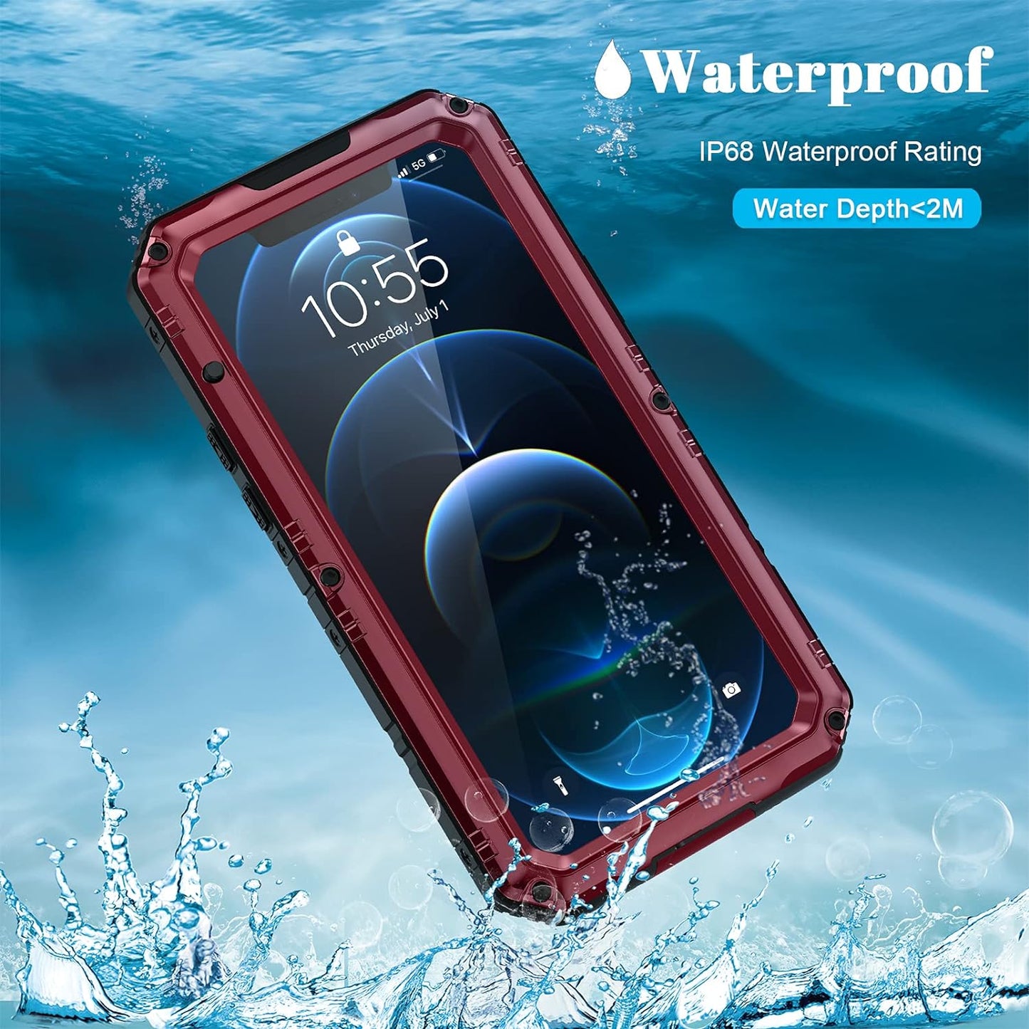 Military Grade Rugged Heavy Duty Waterproof Case for iPhone 12 Pro Max - Full Body Protection with Built-in Screen Protector - Red