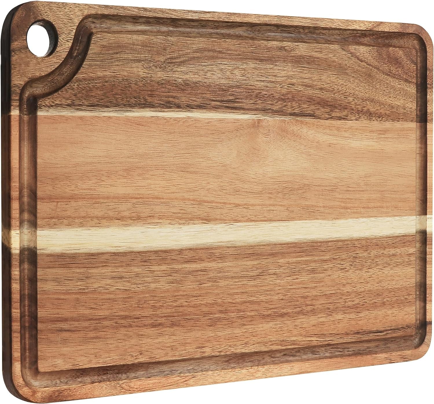 Large Acacia Wood Cutting Board for Kitchen, measuring 18x12 inches, featuring a Juice Groove, Handle, and Hanging Hole. Ideal for Chopping, Carving, and Butcher Block for Meat and Veggies.