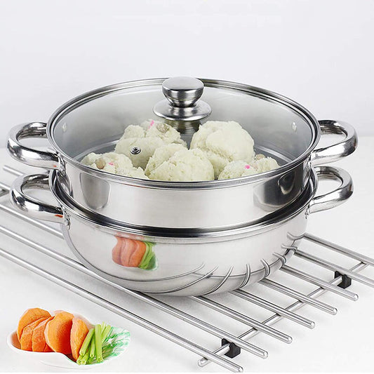 Stainless Steel 2-Tier Steamer Pot - 28cm Steamer Pot with Glass Lid for Cooking Vegetables, Dim Sum, and More. Versatile Cookware and Kitchen Tool for Steaming in the Kitchen.