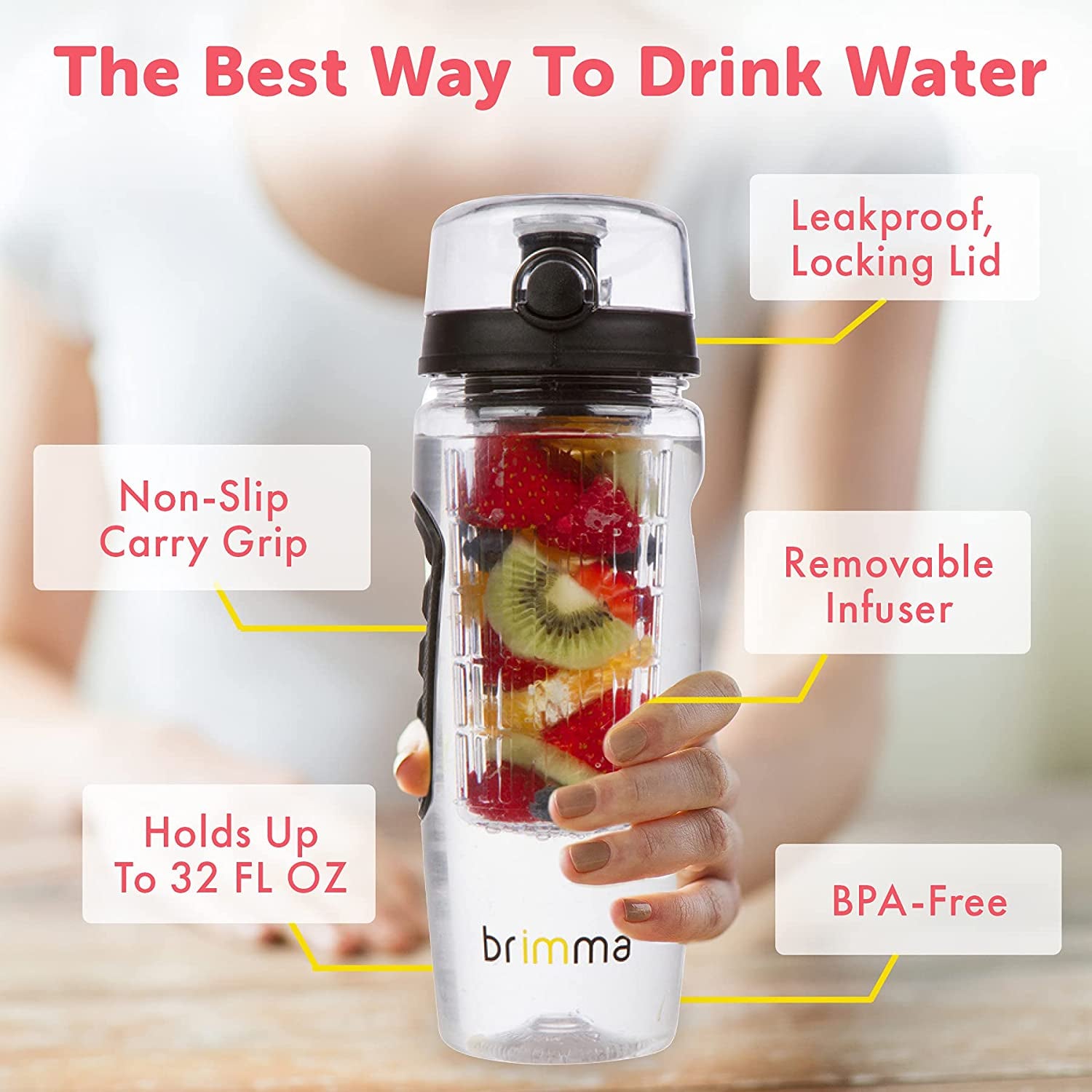 32 Oz Fruit Infuser Water Bottle - Large, Leakproof Plastic for Gym, Camping, and Travel