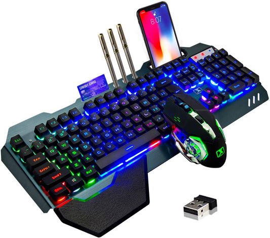 Wireless Gaming Keyboard and Mouse Set with Rainbow Backlight, Rechargeable Keyboard Mouse Combo featuring 3800mAh Battery, Metal Panel, Removable Hand Rest, Mechanical Feel Keyboard, and 7 Color Gaming Mouse for PC Gamers