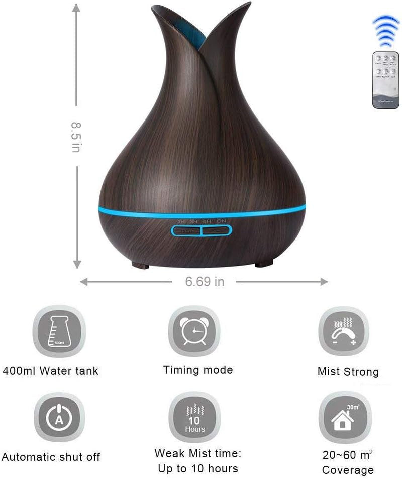 400ML Remote Control Essential Oil Diffuser: Ultrasonic Aromatherapy, Large Room Coverage. Wood Grain Cool Mist Humidifier, Quiet, Lasts Full Day/Night. Perfect for Home, Office, Spa, Baby & Kids' Room (Dark Wood).