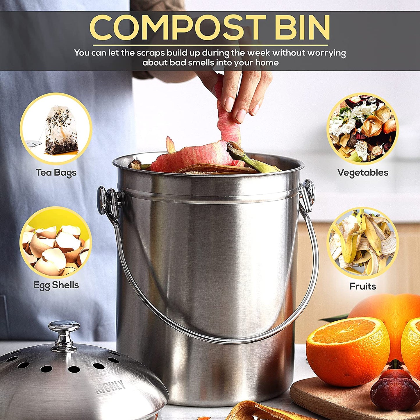  Stainless Steel Kitchen Compost Bin with Lid and Spare Charcoal Filter, 1.3 Gallon Capacity - Silver